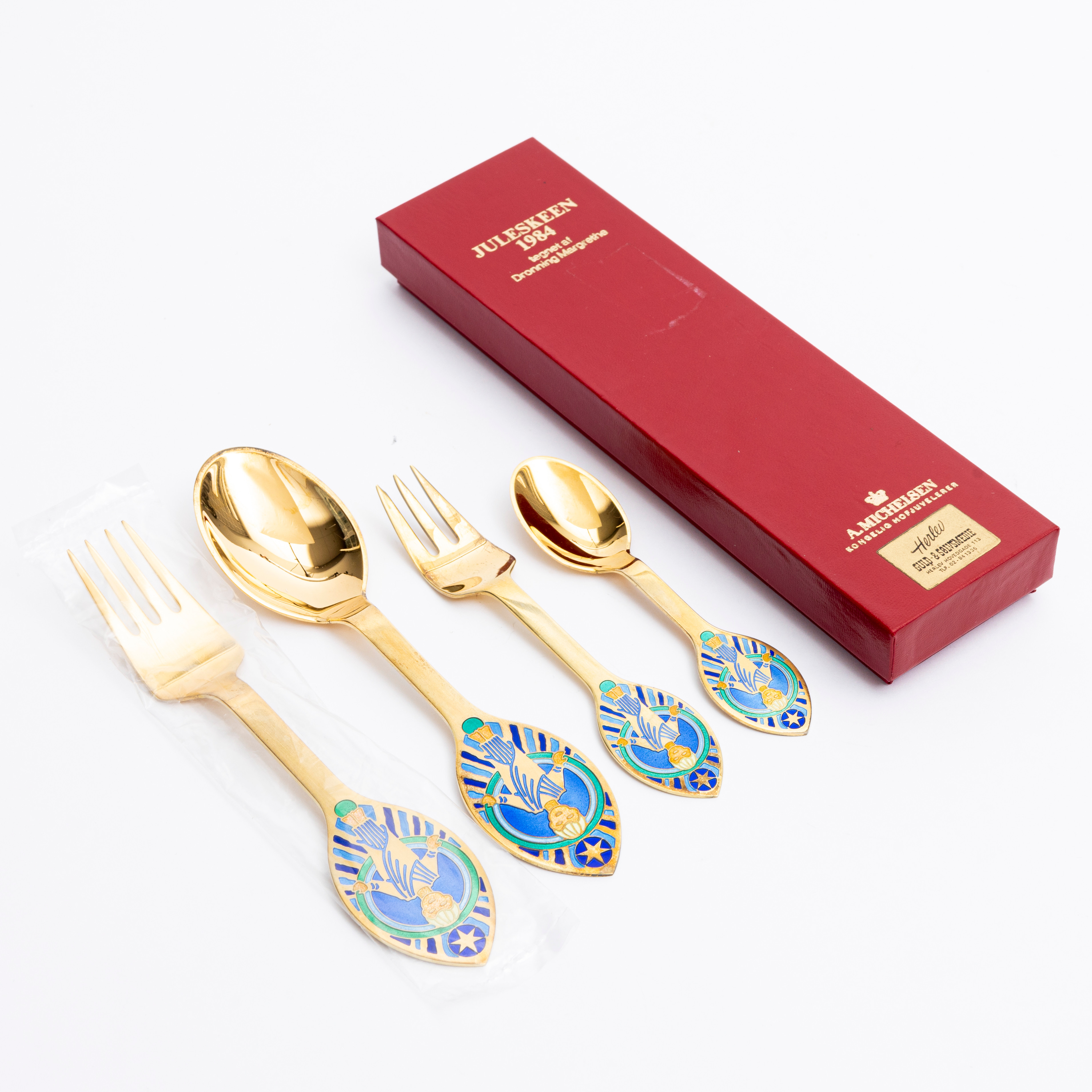 ÅRSBESTICKSDELAR, 4 st, sterlingsilver och emalj, "Jul", Anton Michelsen, Danmark, 1984.
