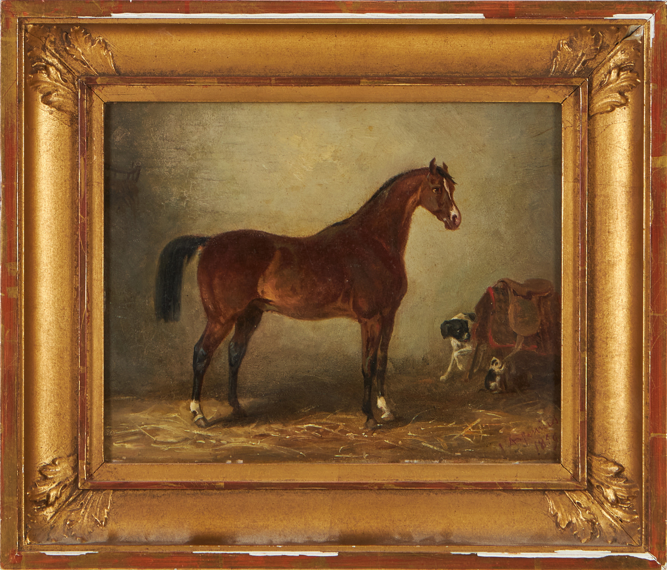 JOHN GEORG AROSENIUS (1818-1903). Häst med hund och kattunge, olja på pannå, signerad och daterad 1859.