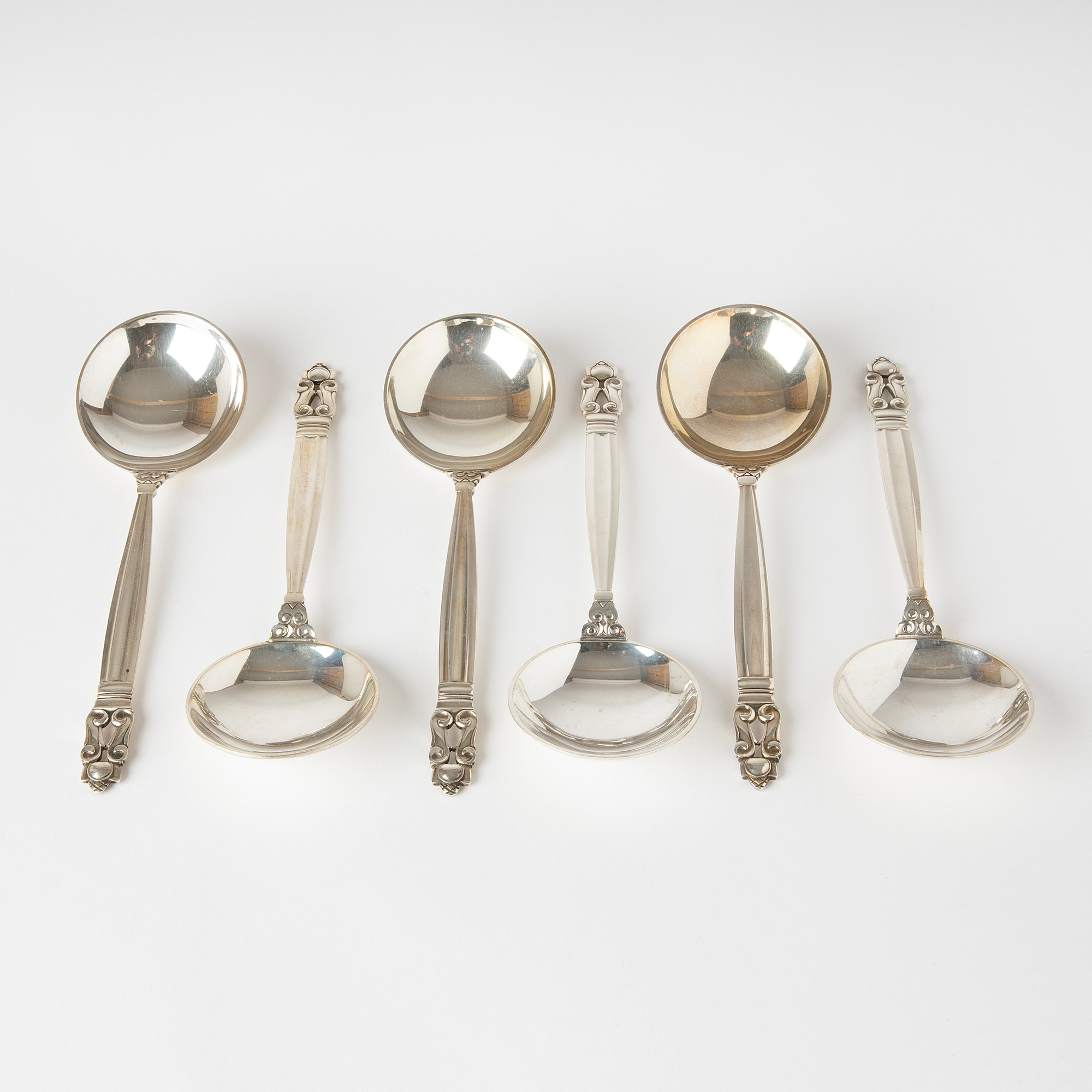 JOHAN ROHDE. Kompottskedar, 6 st, ”Konge/Acorn", sterlingsilver, Georg Jensen, Danmark, 1900-talets andra hälft.