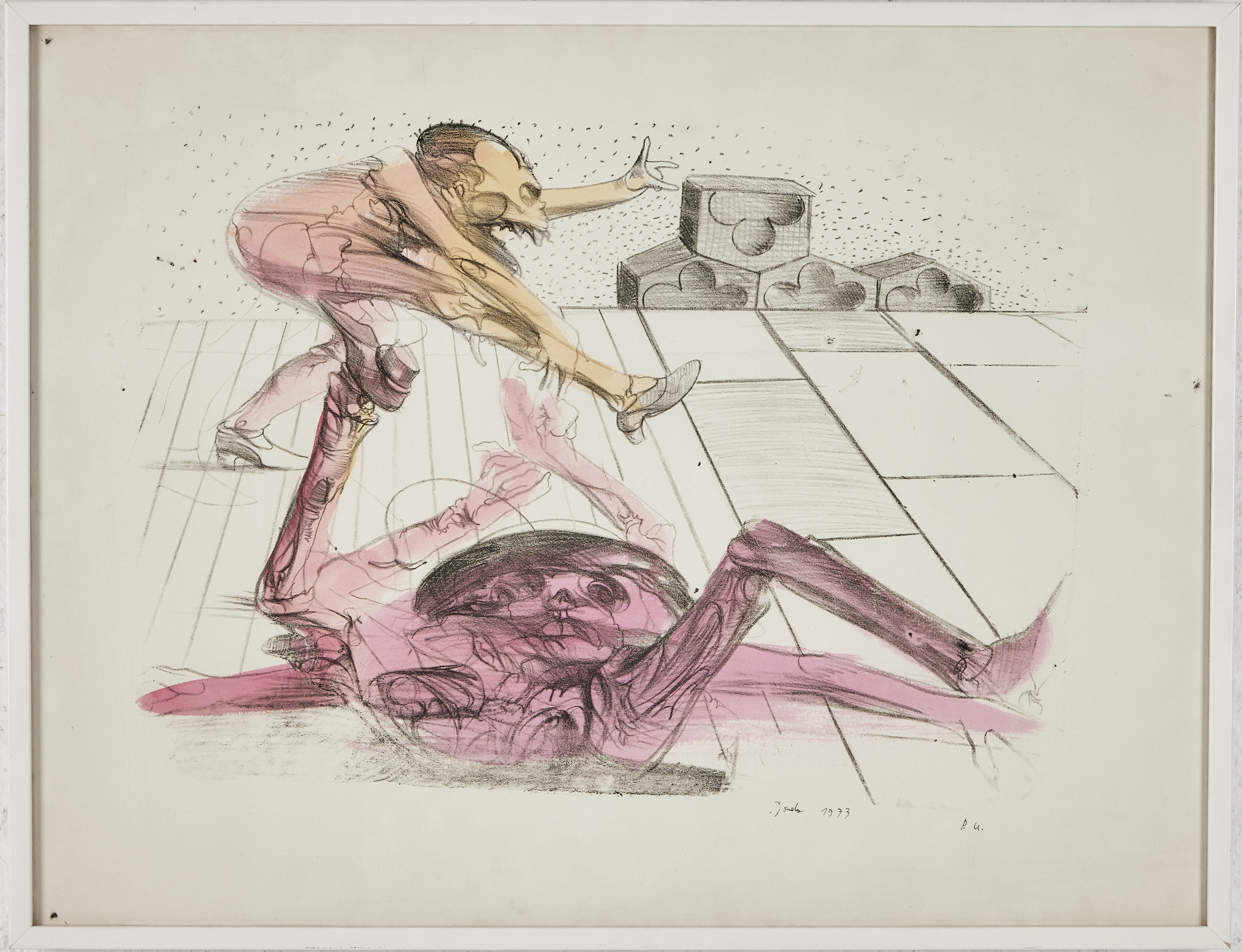 MIODRAG DJURIC DADO. (Montenegro 1933-2010), figurkomposition, signerad och daterad 1973, handkolorerad färglitografi.