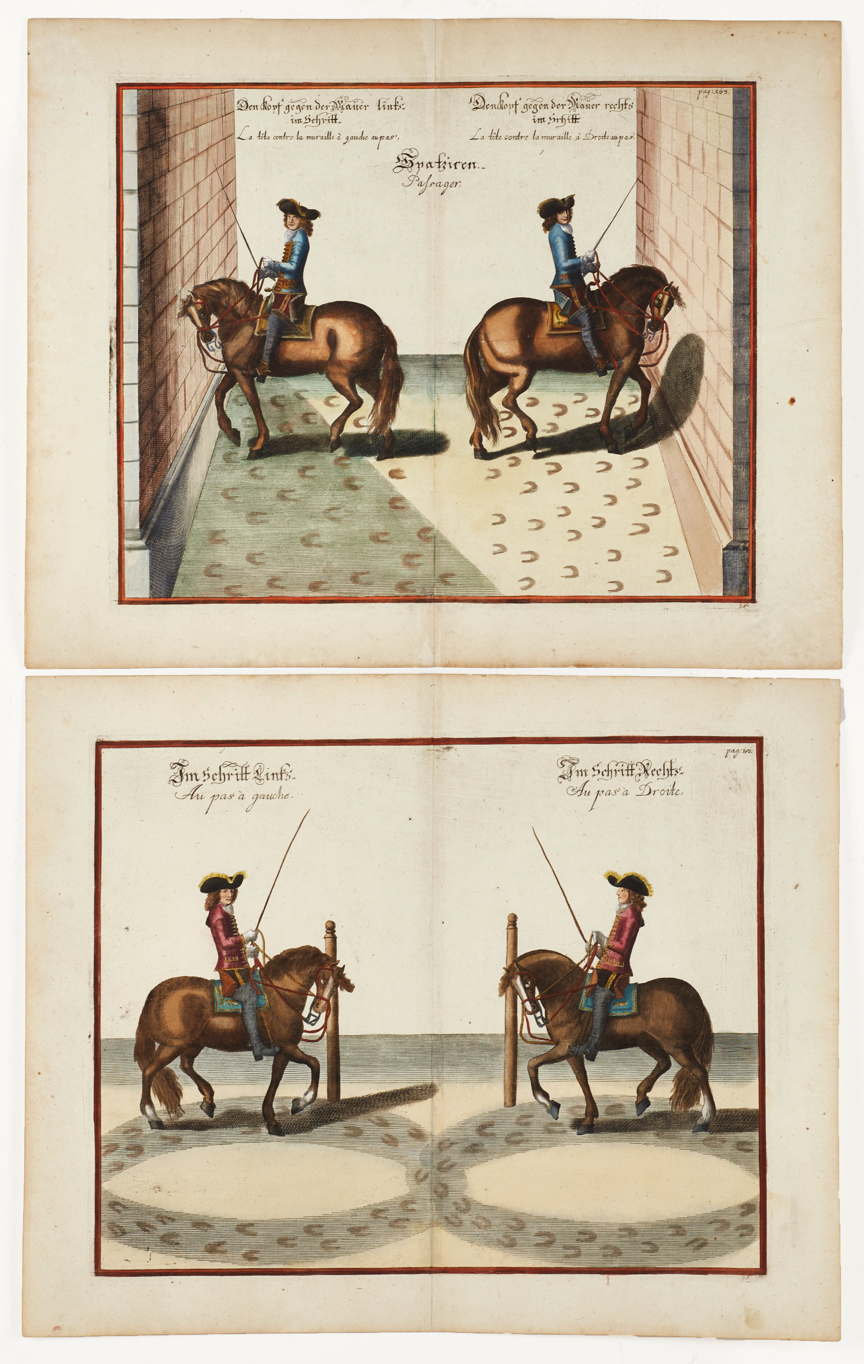 PERNAUER, (2) illustrationer ur "Des Welt-berühmten Herzog Wilhelms von Newcastle Neu-eröffnete Reit-Bahn", 1700.