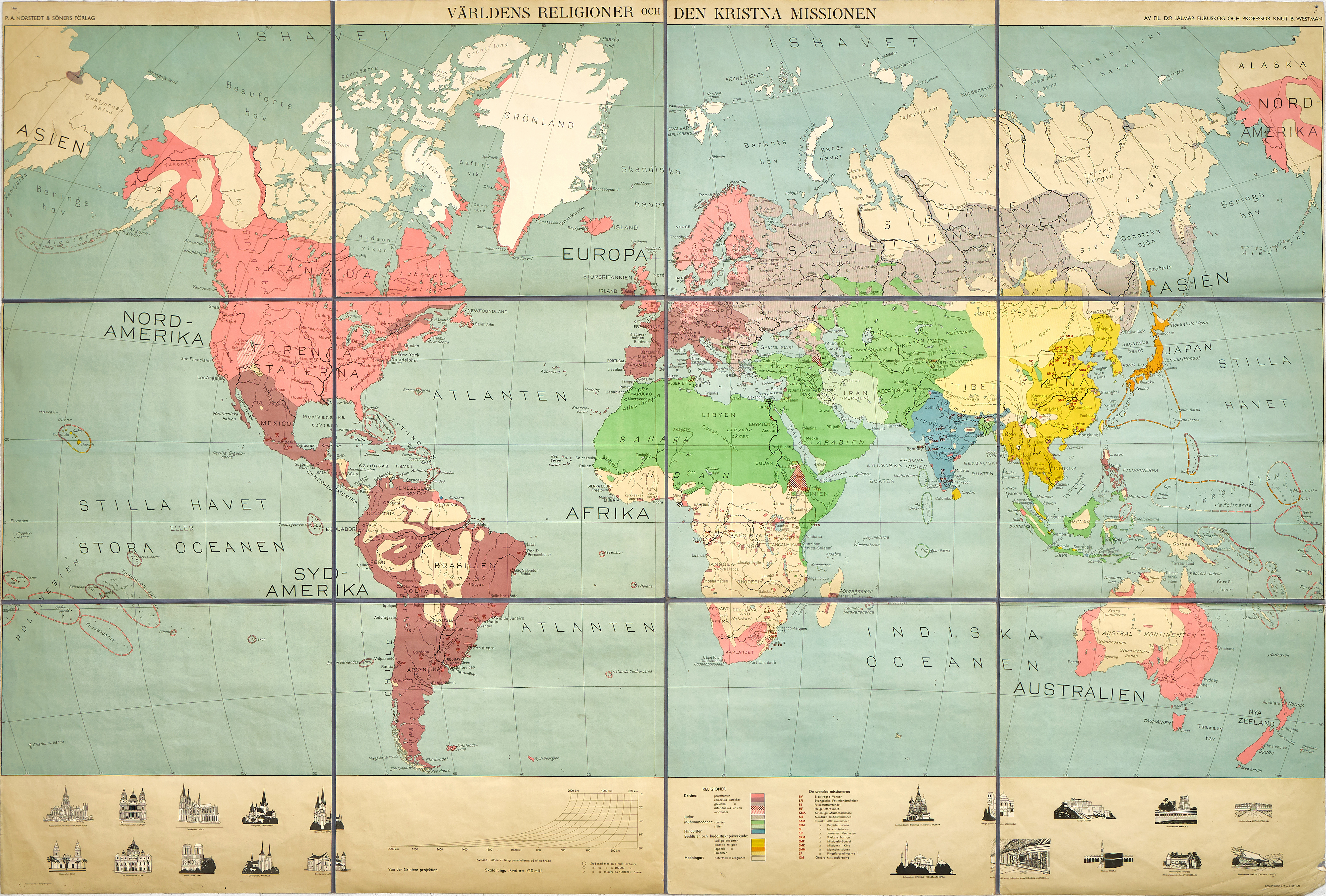 VÄRLDENS RELIGIONER OCH DEN KRISTNA MISSIONEN, karta, P.A. NORSTEDT och Söners Förlag, efter Jalmar Furuskog och Knut B. Westman.