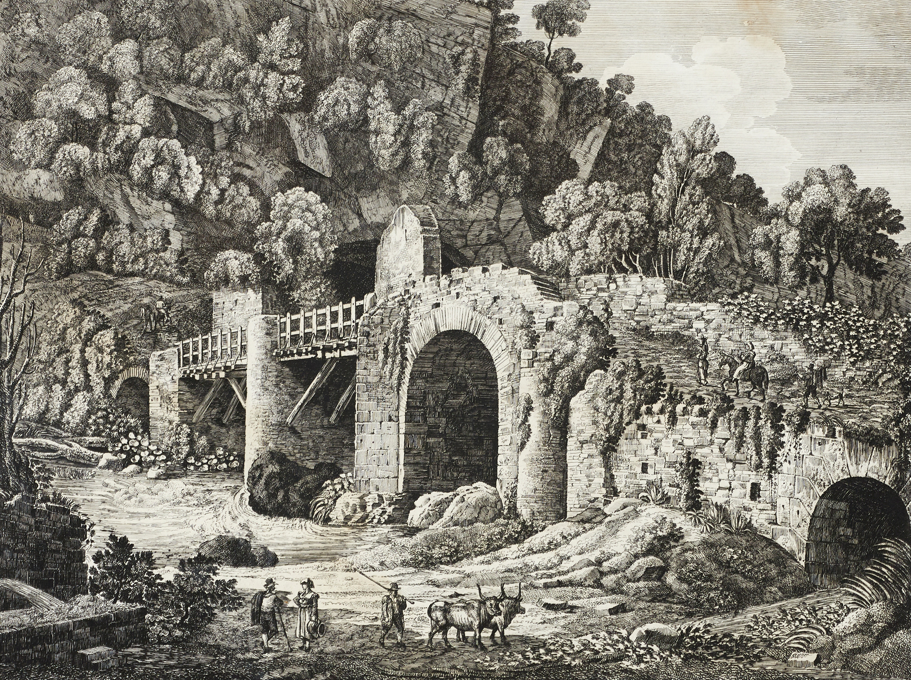 LUIGI ROSSINI. "Veduta del ponte", Roma 1826, etsning.