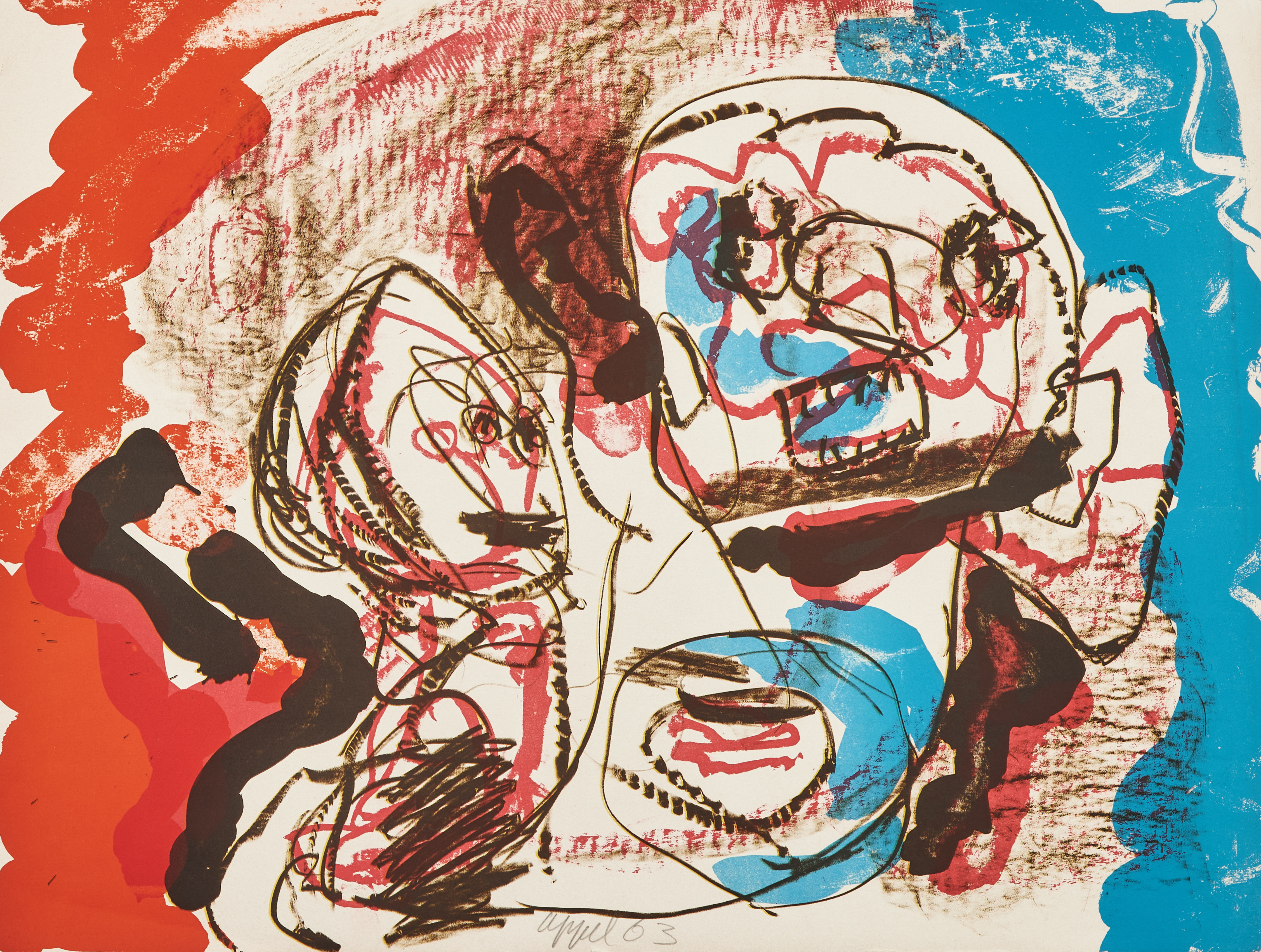 KAREL APPEL. Komposition, signerad och daterad 1963, otydligt titulerad, färglitografi.