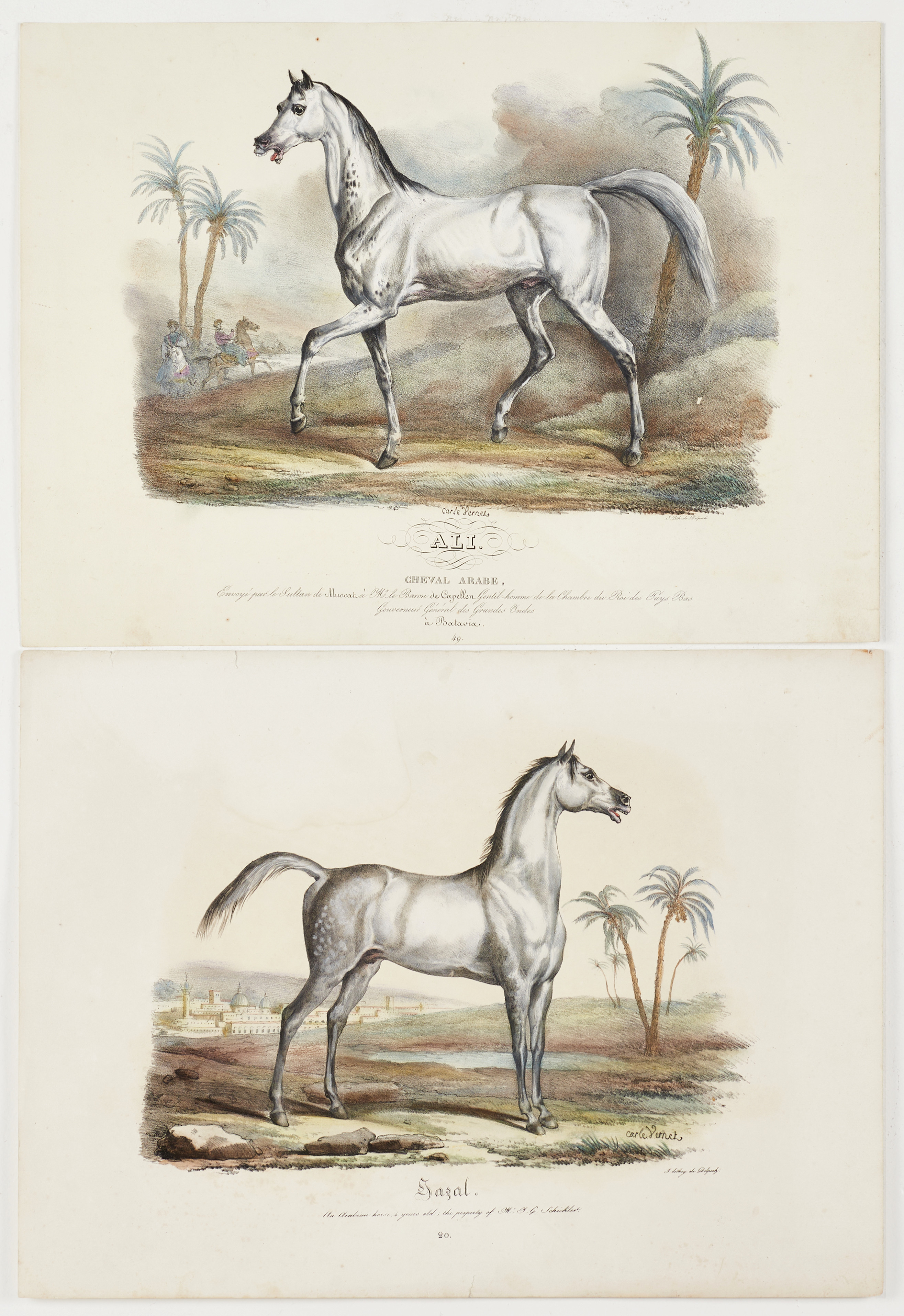 CARLE VERNET (1758-1836), två handkolorerade litografier, motiv med hästar, ca 1820/30.