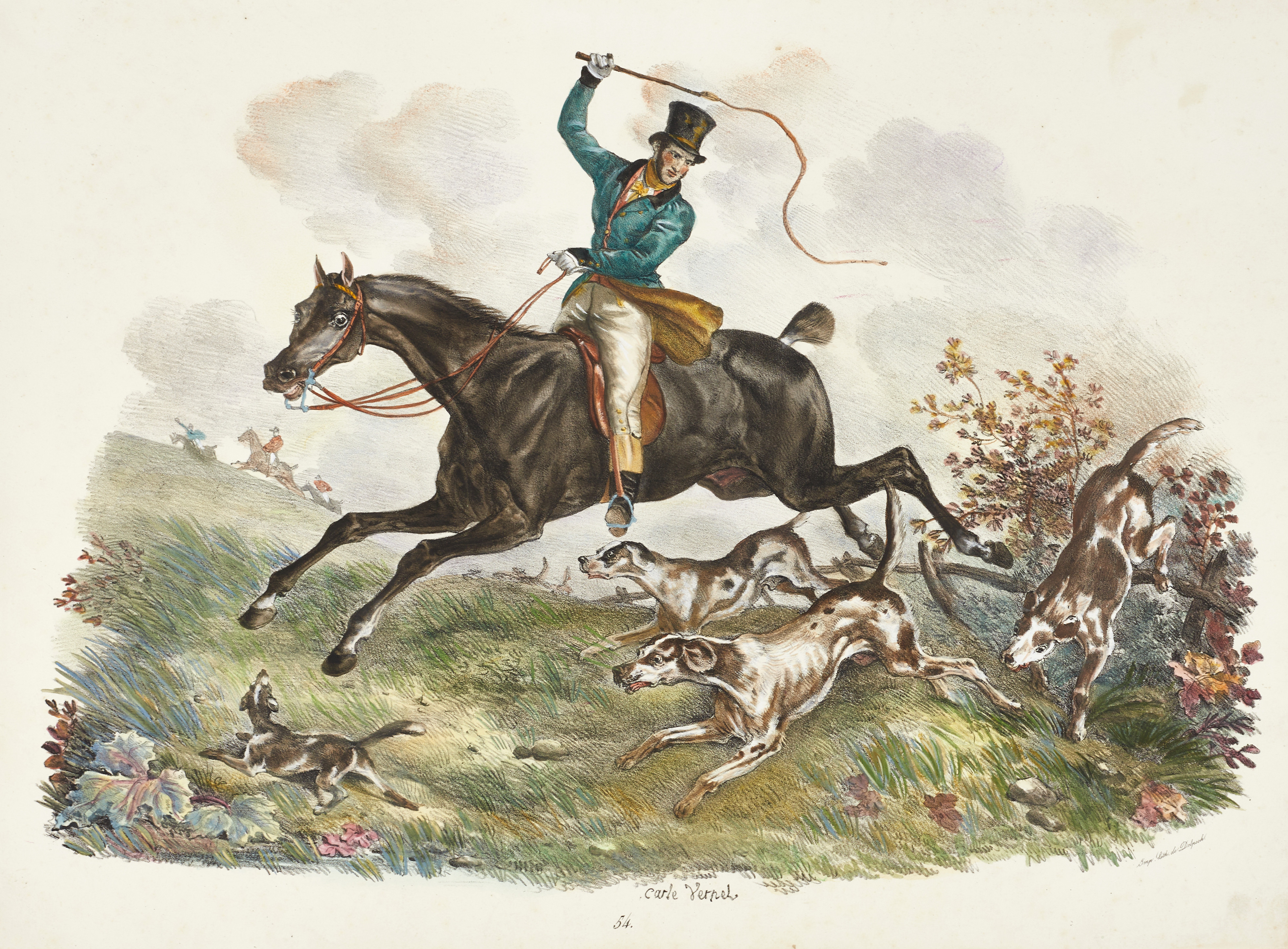 CARLE VERNET (1758-1836), två handkolorerade litografier, jaktmotiv till häst och med hundar, ca 1820/30.