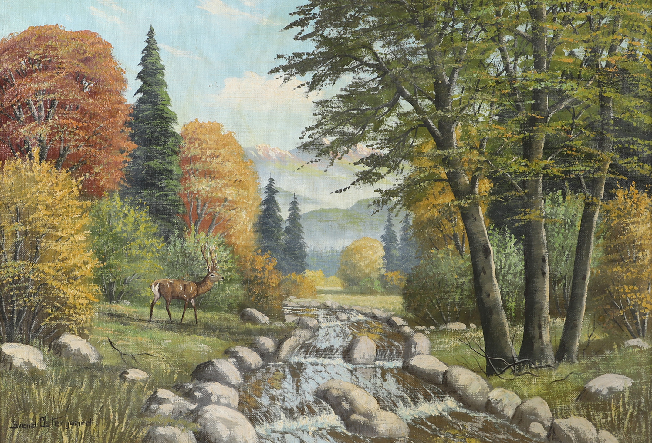 SVEND ÖSTERGAARD. Landskap med hjort, olja på duk, signerad.