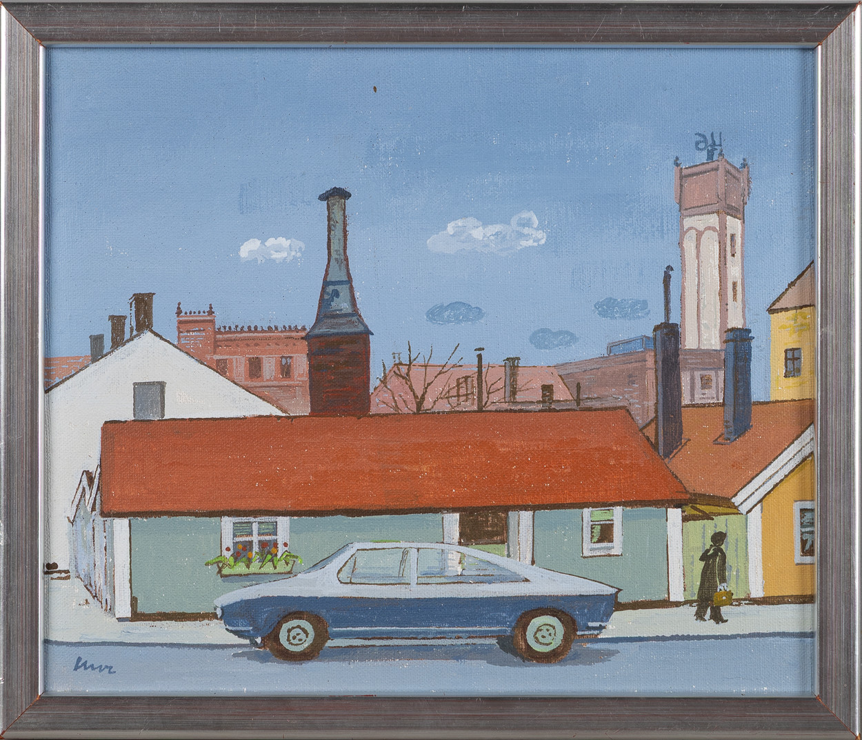 OIDENTIFIERAD KONSTNÄR. Stadsmotiv med bil, olja på duk.