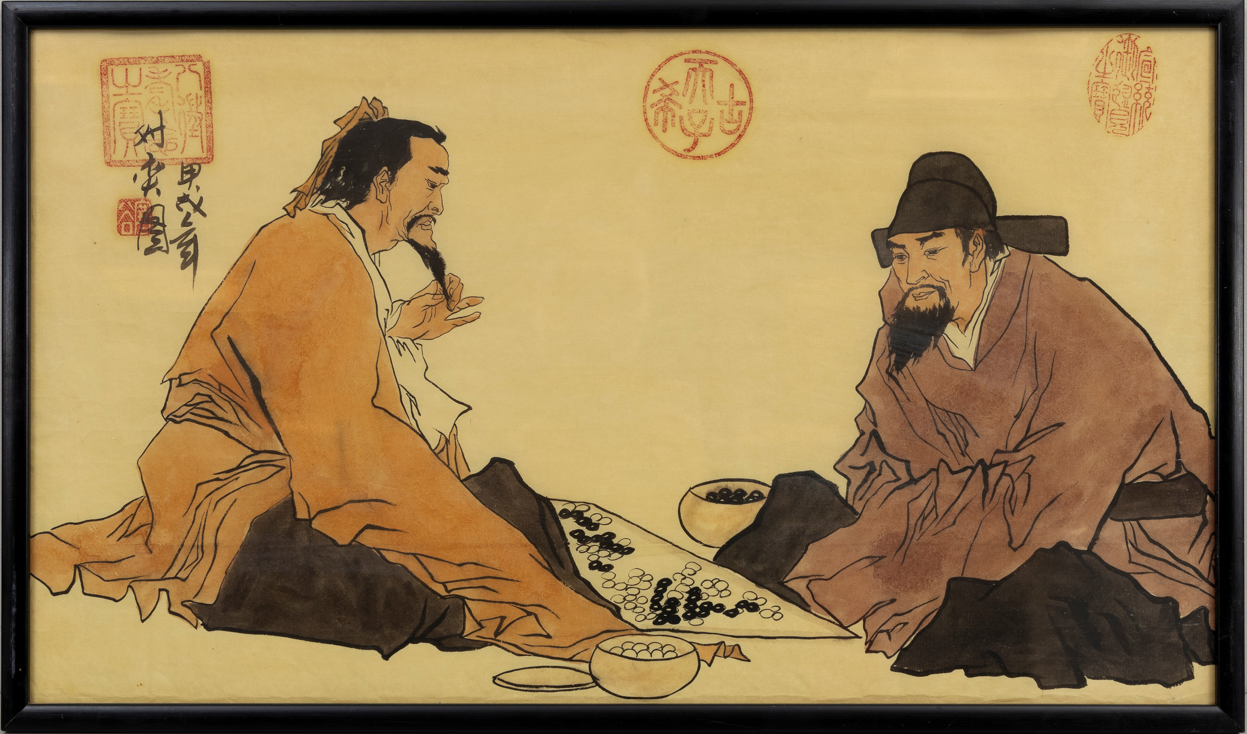 OIDENTIFIERAD KONSTNÄR. "Män som spelar go", akvarell, märkt med bla Qianlongs märke. Kina, 1900-tal.