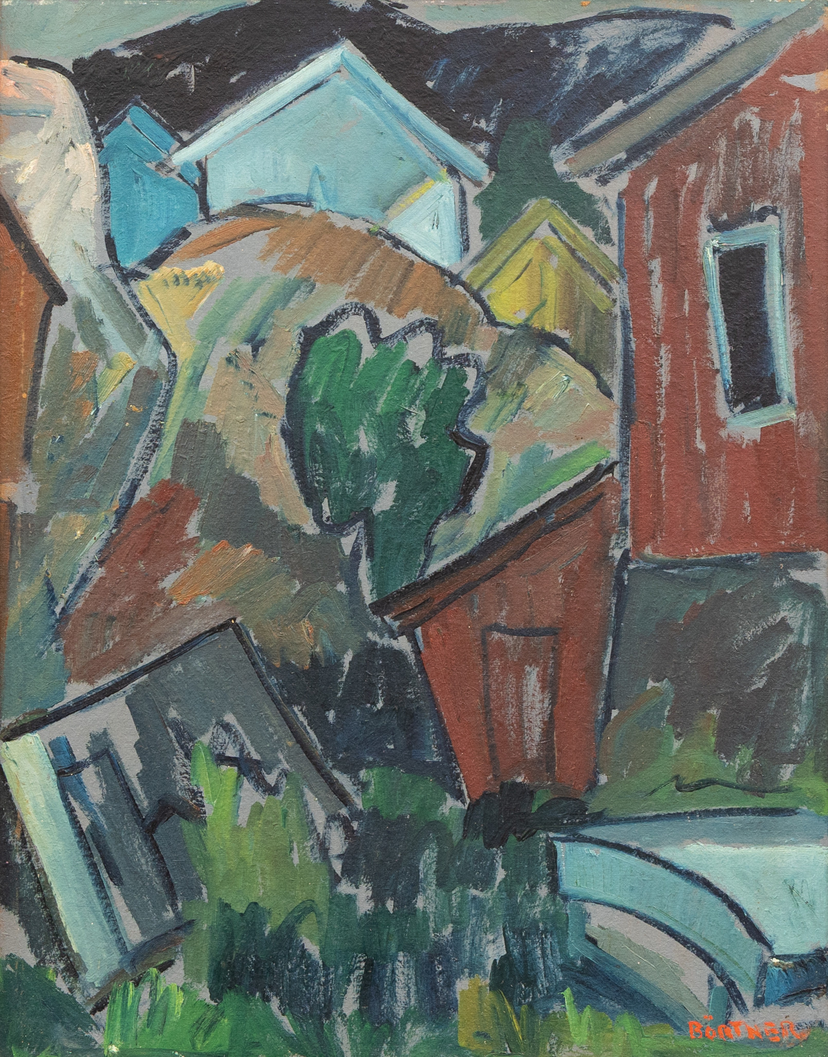 GUSTAF BÖRTNER ZANDT (1905-1985). Hus i landskap, olja på pannå, signerad.