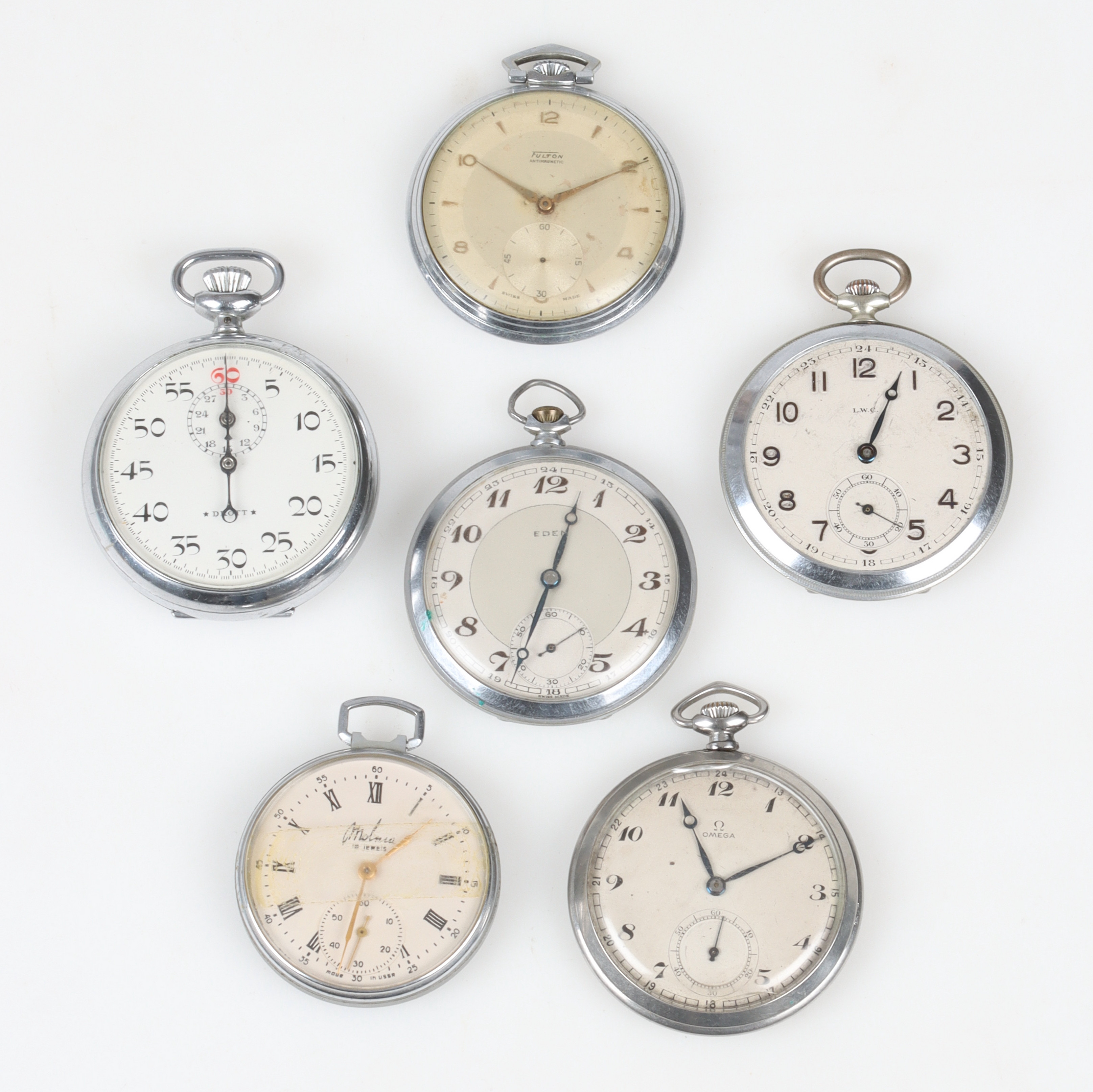 FICKUR 5 st. vitmetall, samt STOPPUR, krom, bl.a. Omega och L.W.C.. 1900-tal.