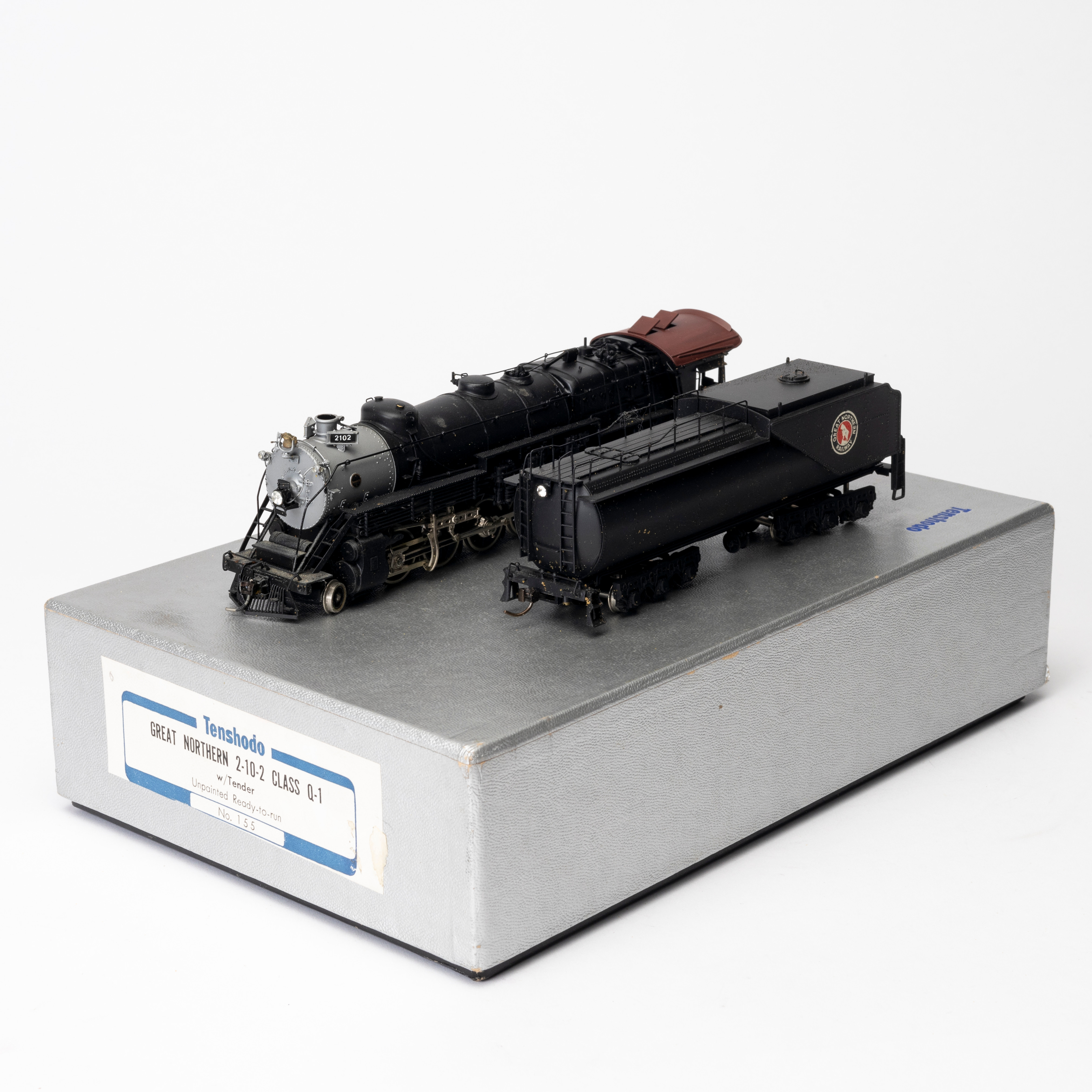 TENSHODO 155 Great Northern 2-10-2 amerikanskt ånglok med tender, mässing, originalkartong, Japan.