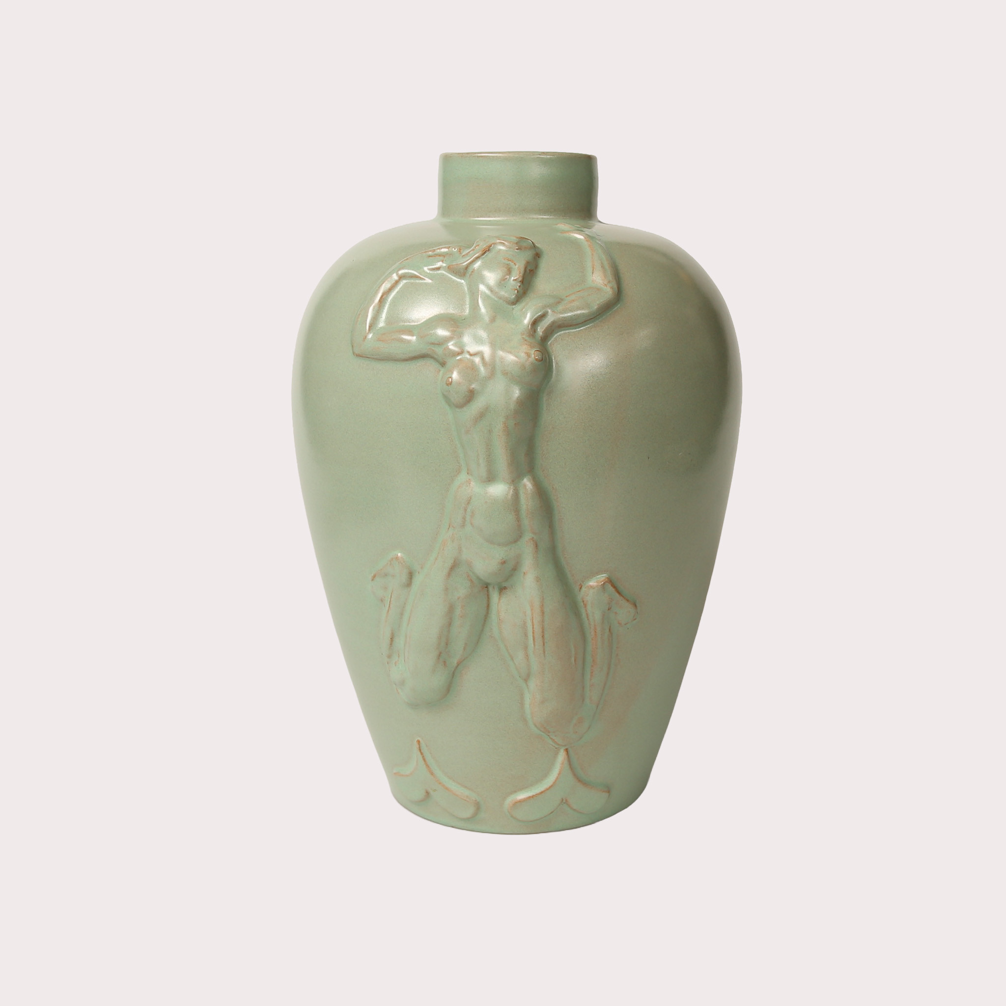 EINAR LUTERKORT. Golvvas med dekor av en naken kvinnokropp i relief, grönglaserat lergods, Uppsala Ekeby, modell nr 169.