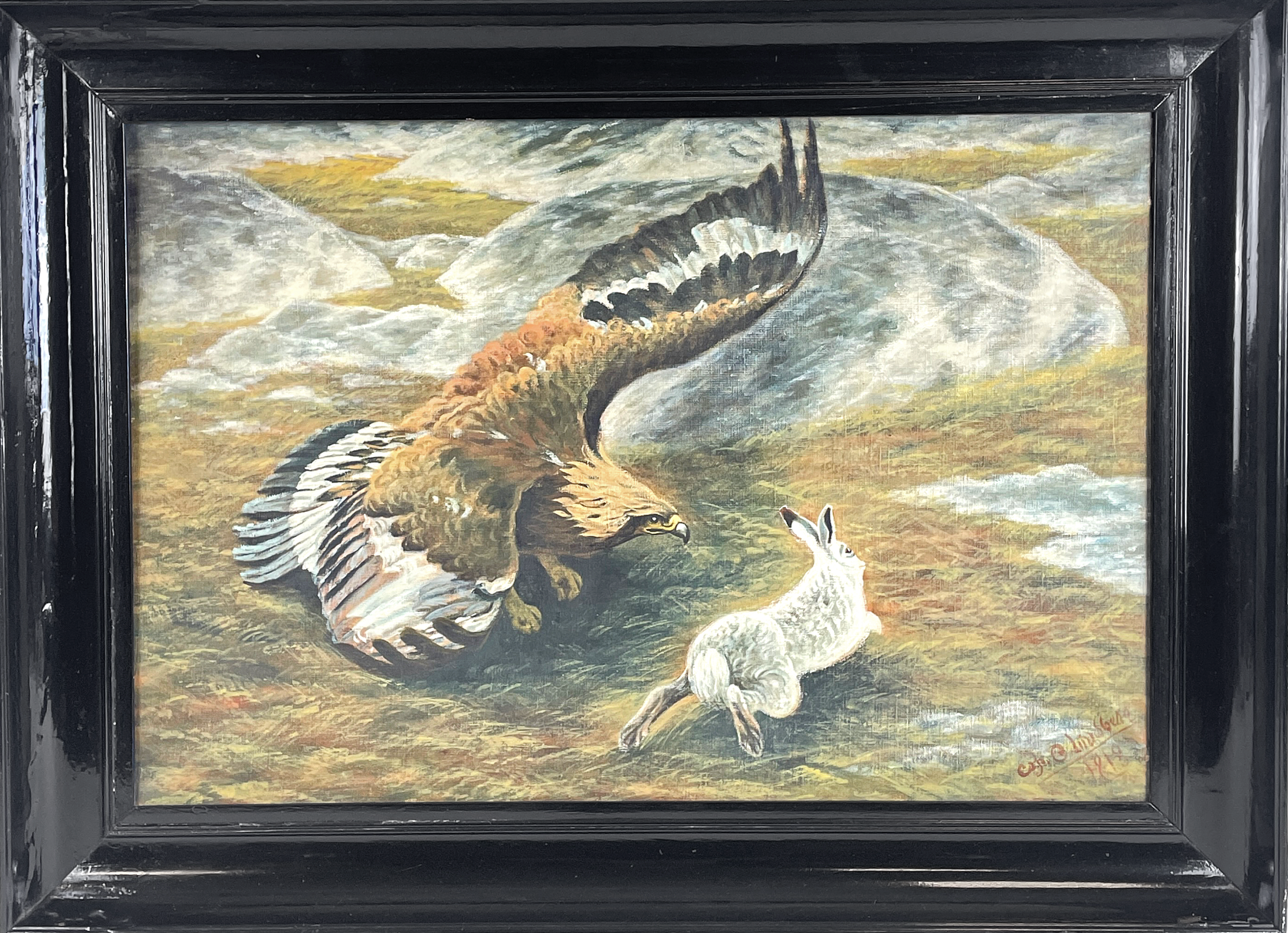 OIDENTIFIERAD KONSTNÄR, kopia efter Bruno Liljefors, Örn och hare från 1904, olja på duk, märkt Cop., signerad O. Lindberg samt daterad 1918.