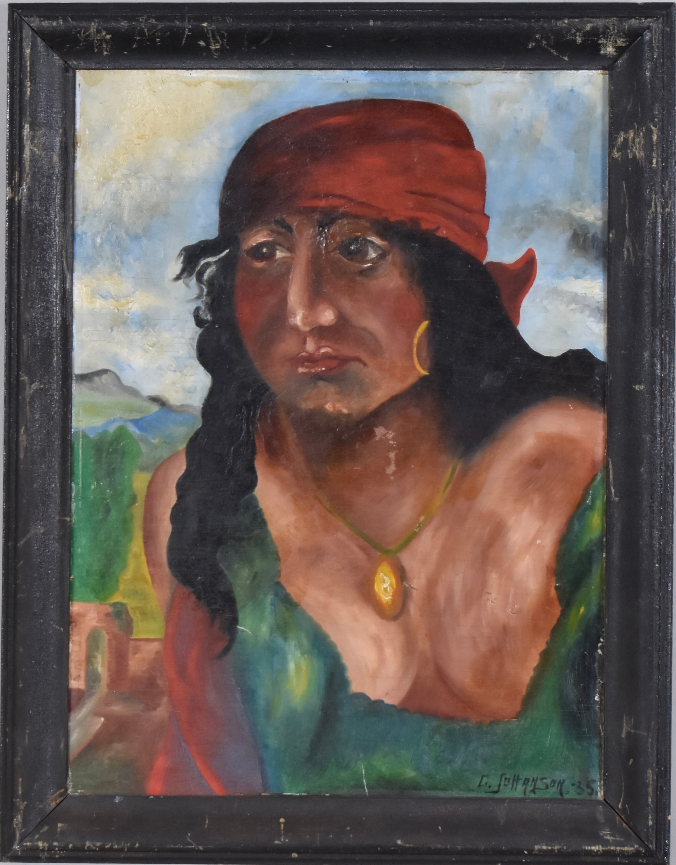 CARL "ÄGGA-CALLE" JOHANSSON. oljemålning på pannå, indiankvinna.