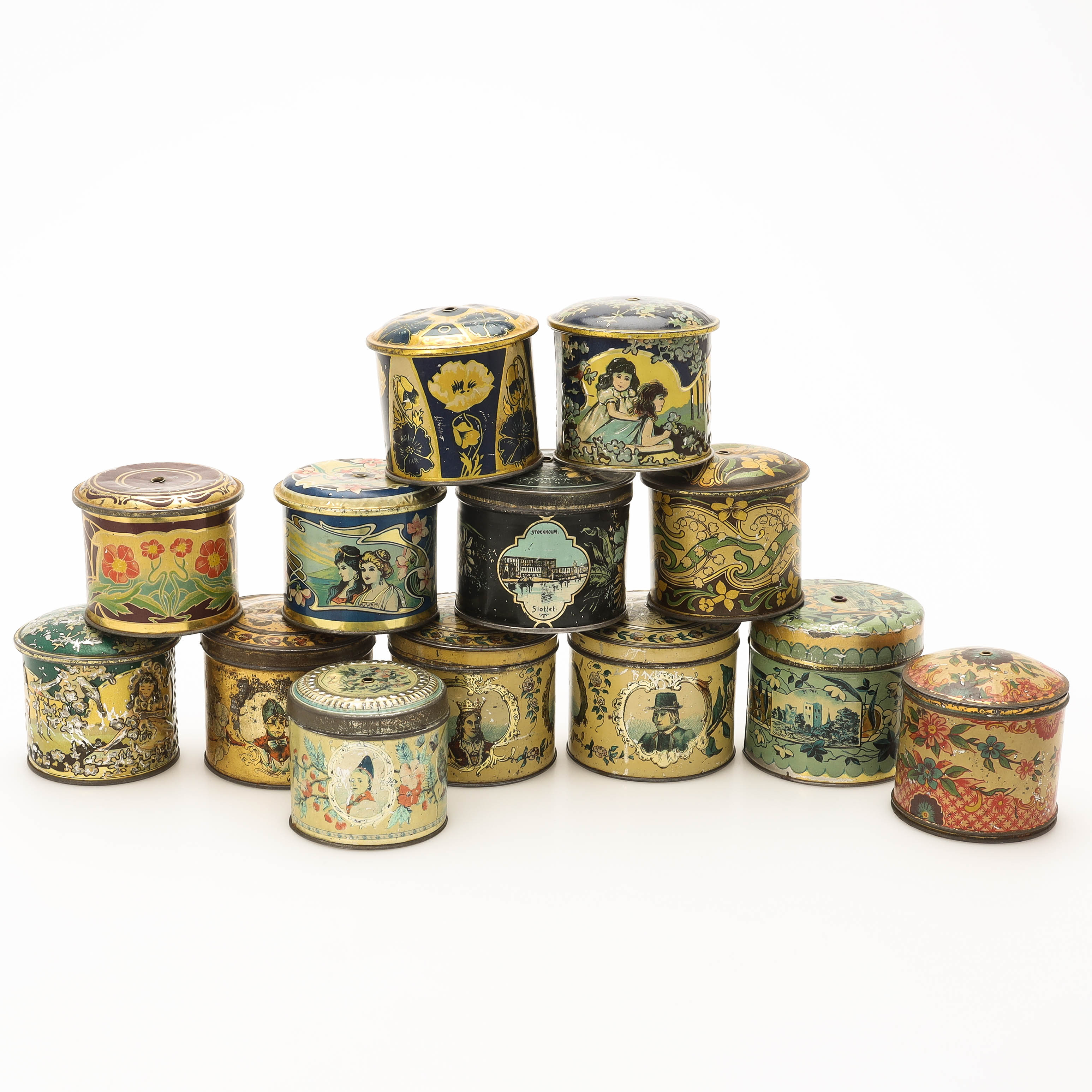 LOCKBURKAR, för tråd, 13 st, litograferad plåt, 1800/1900-tal.