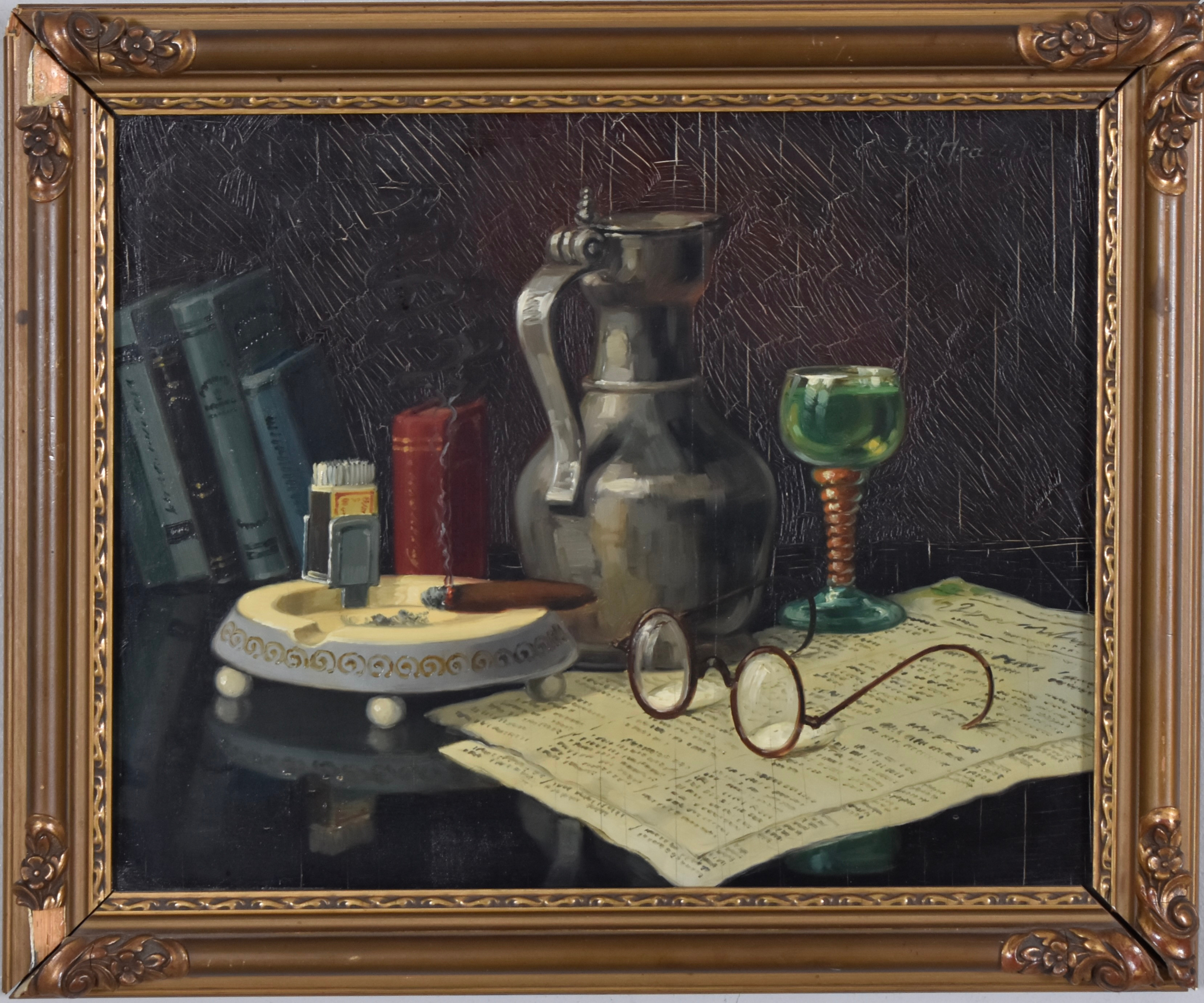 BELA HRADIL. oljemålning på pannå, stilleben med cigarr och vinglas.