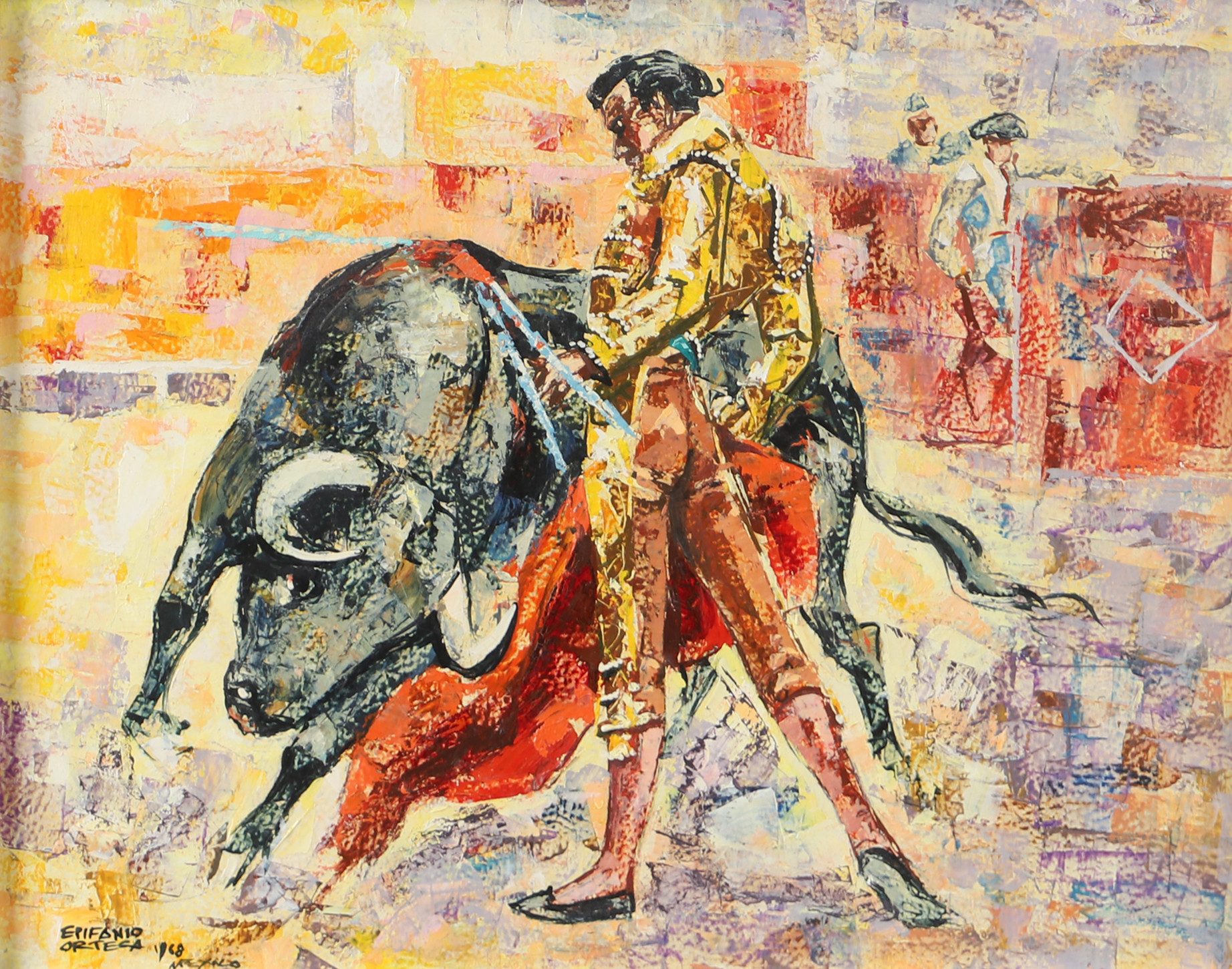 EPIFANIO ORTEGA. Tjurfäktning, olja på pannå, signerad 1968.