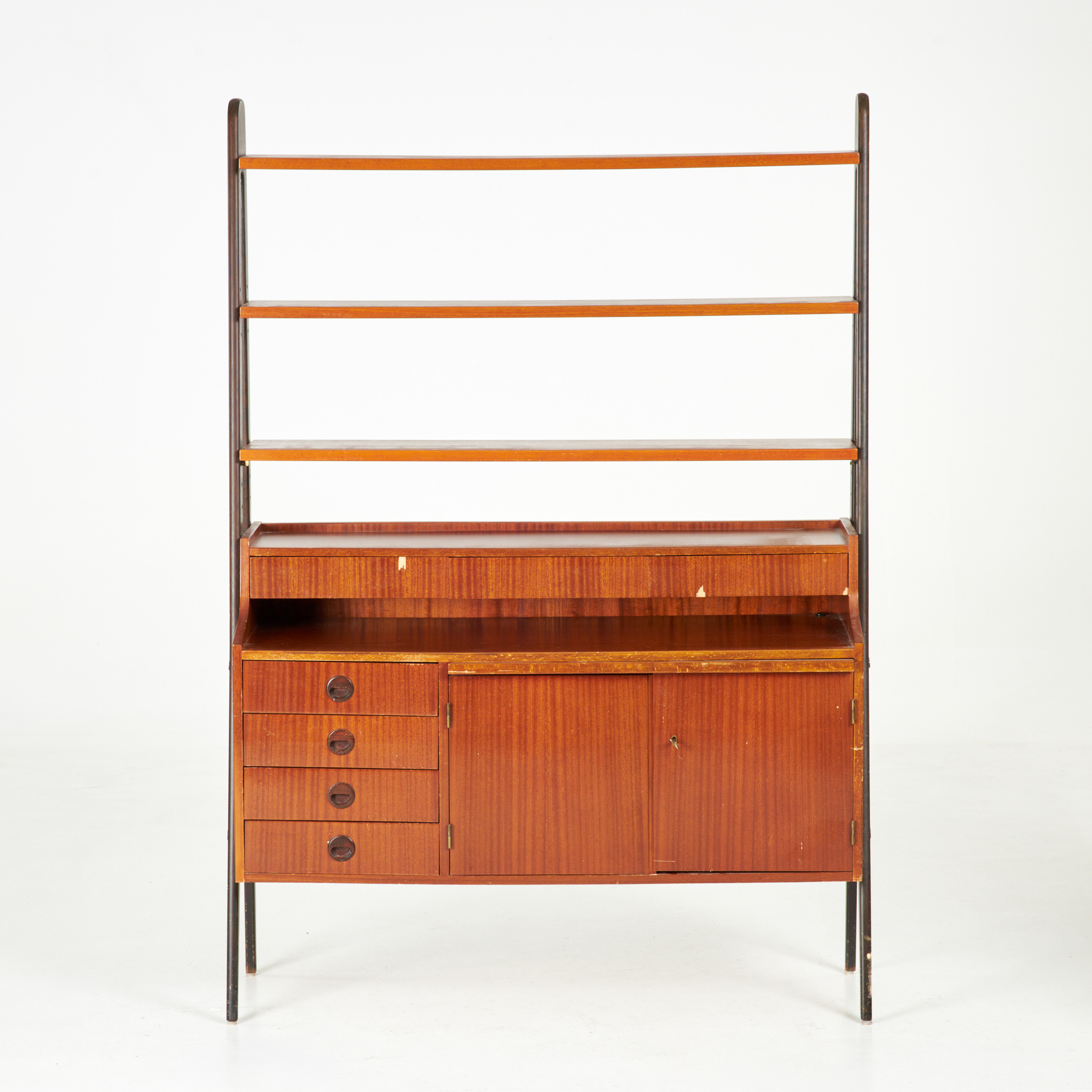 BOKHYLLA, 1960-tal, 4 lådor, utdragbar skrivskiva, skåpluckor.