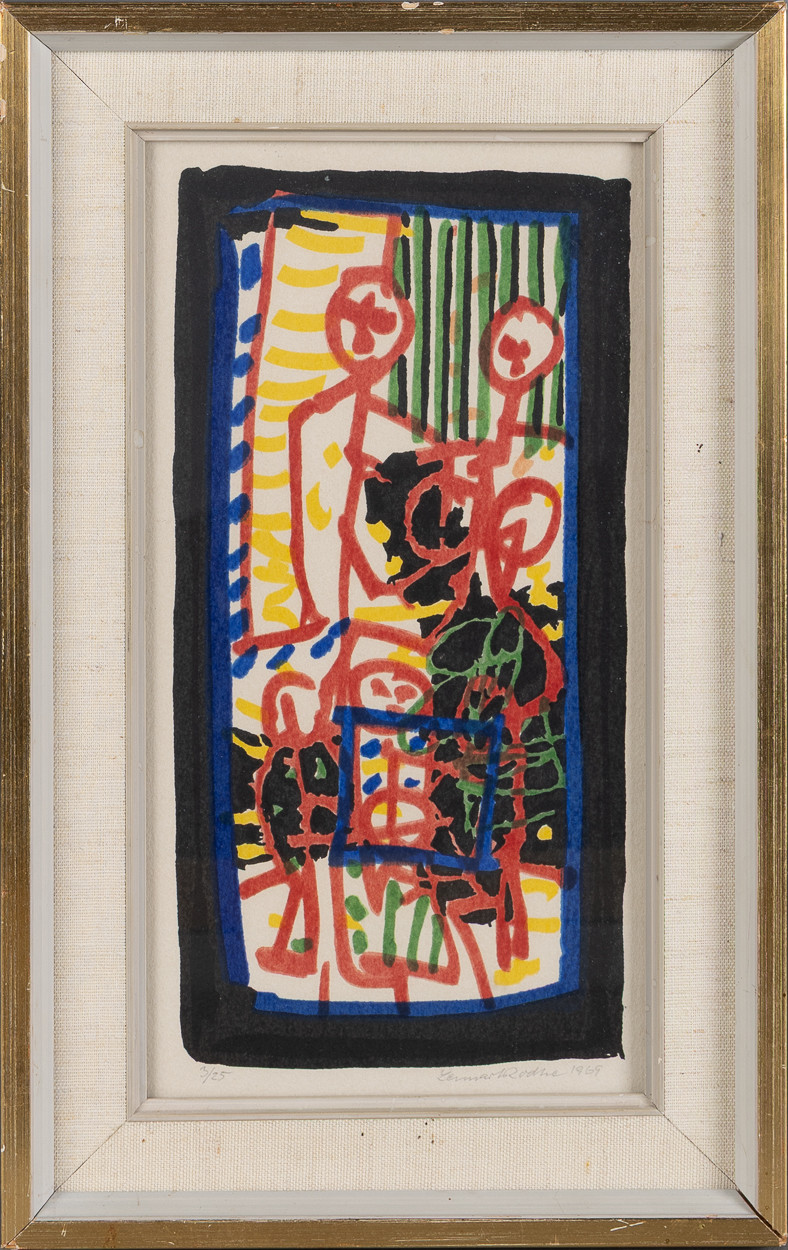 LENNART RODHE. Komposition med figurer, färglitografi.