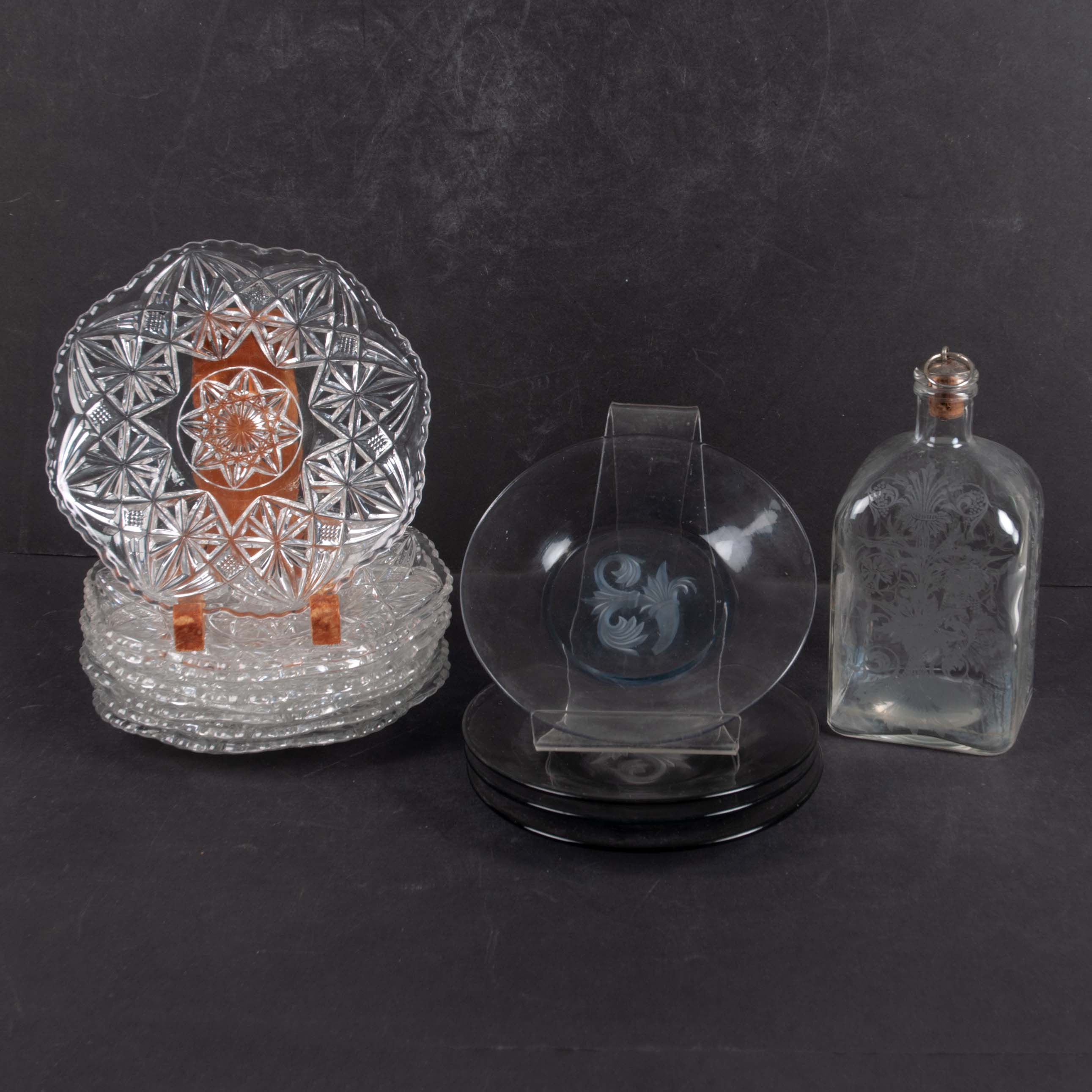 KARAFF och ASSIETTER. 13 delar glas, bl.a Edvin Ollers, Elme.