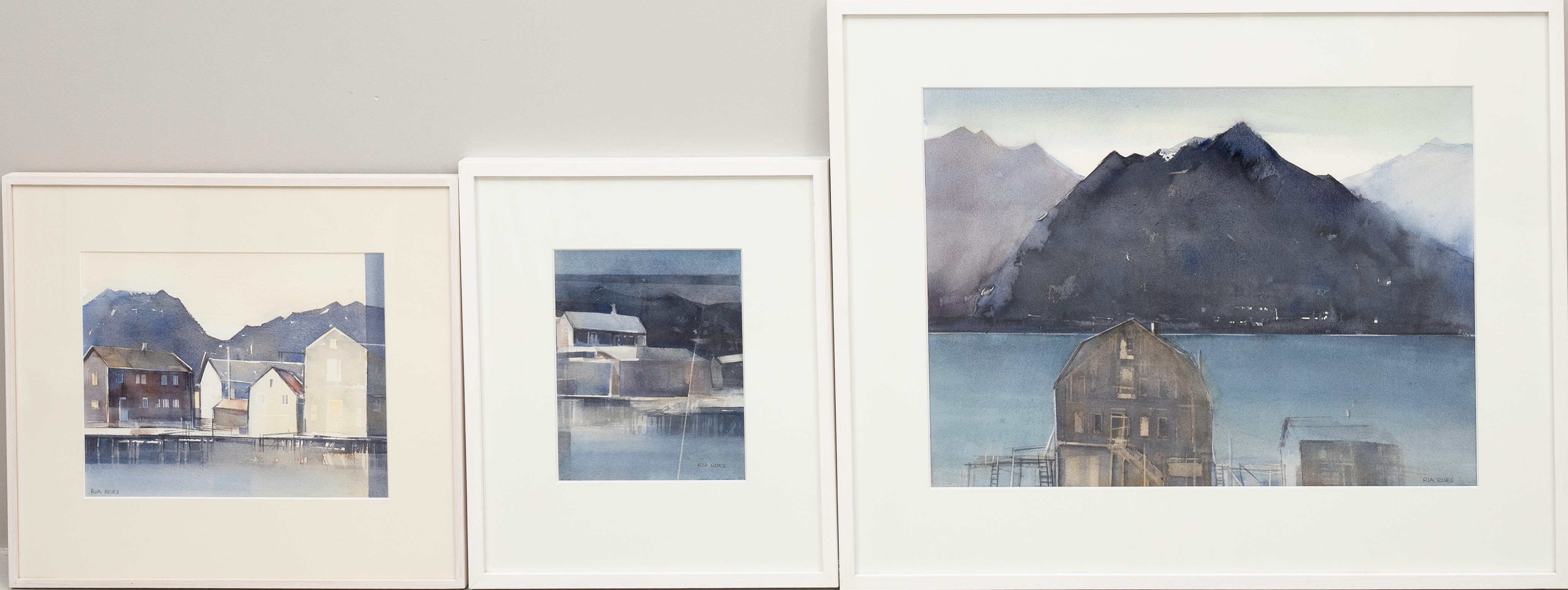 RIA ROES SCHWARTZ (1939-). Lofoten, 3 st, akvarell, signerade Ria Roes.