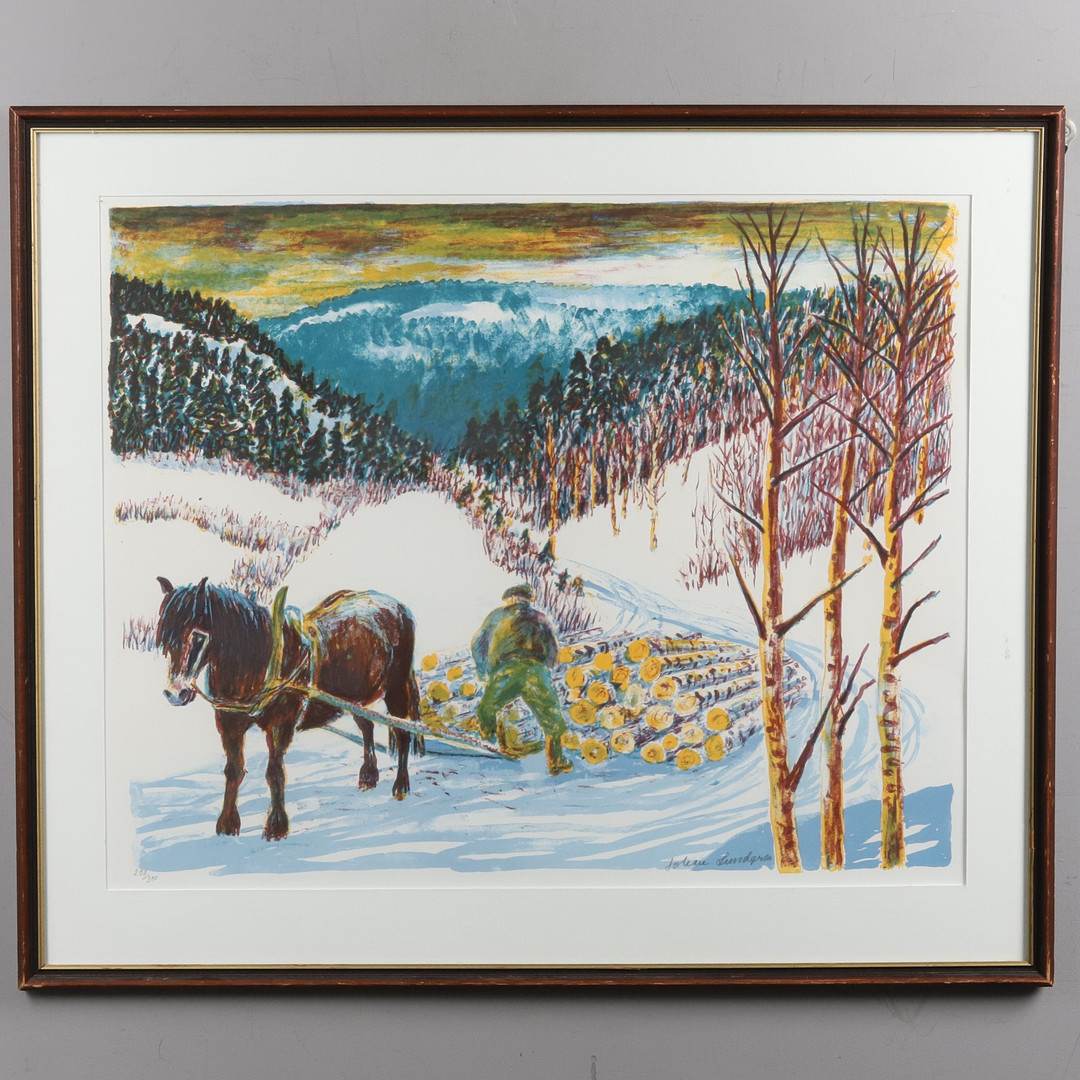JOHAN LUNDGREN. FÄRGLITOGRAFI, " Vedkörning", No. 200/300, signerad.