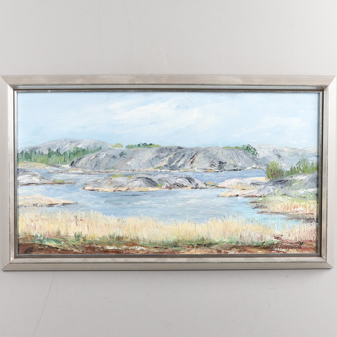 GULLI KLINGVALL. OLJA PÅ DUK, "Skärgårdsmotiv", signerad.