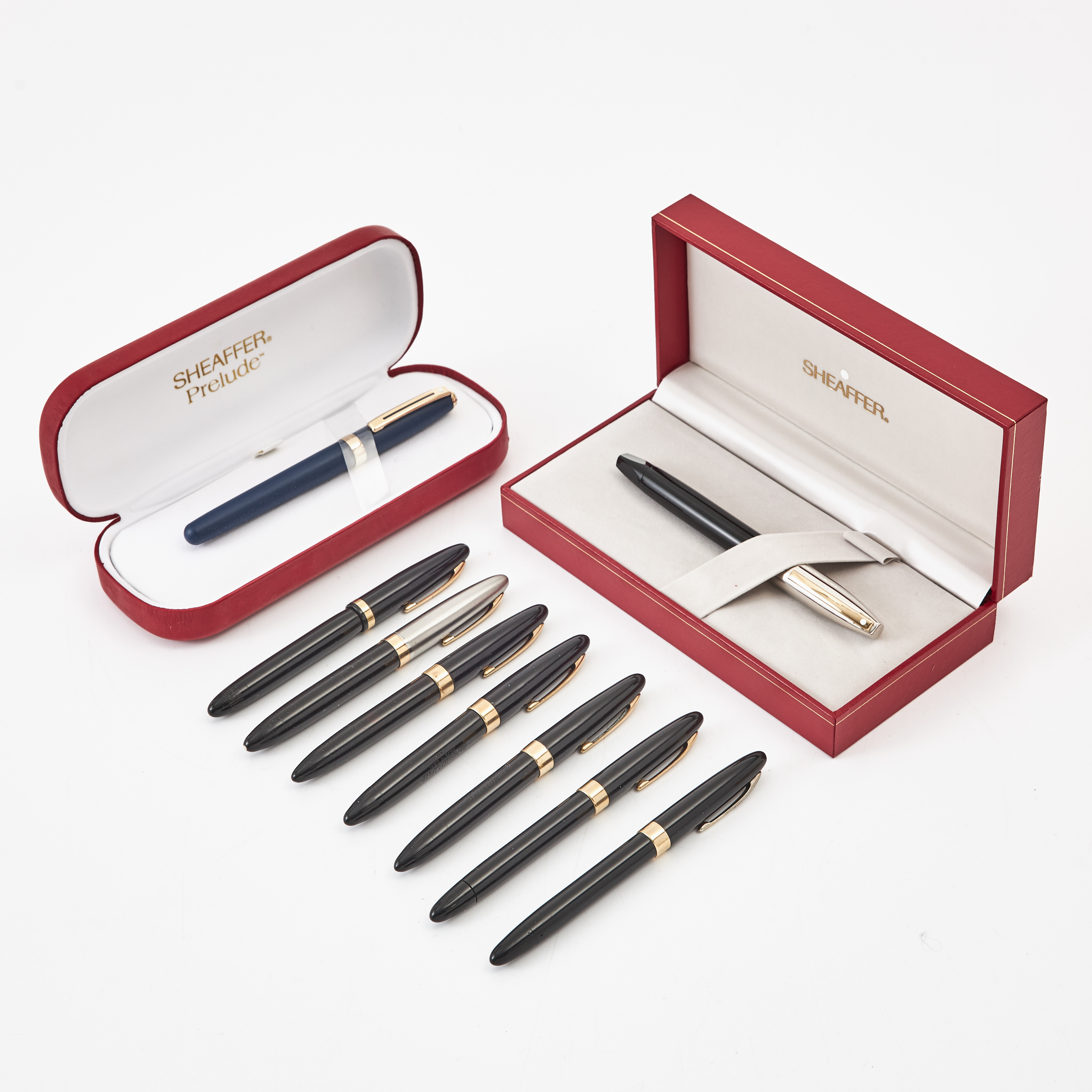 SHEAFFER, reservoarpennor, 9 st, 14k guld spets samt en med 18 k, bl.a. "Prelude" och "Lifetime", 1900-talets andra hälft, USA.