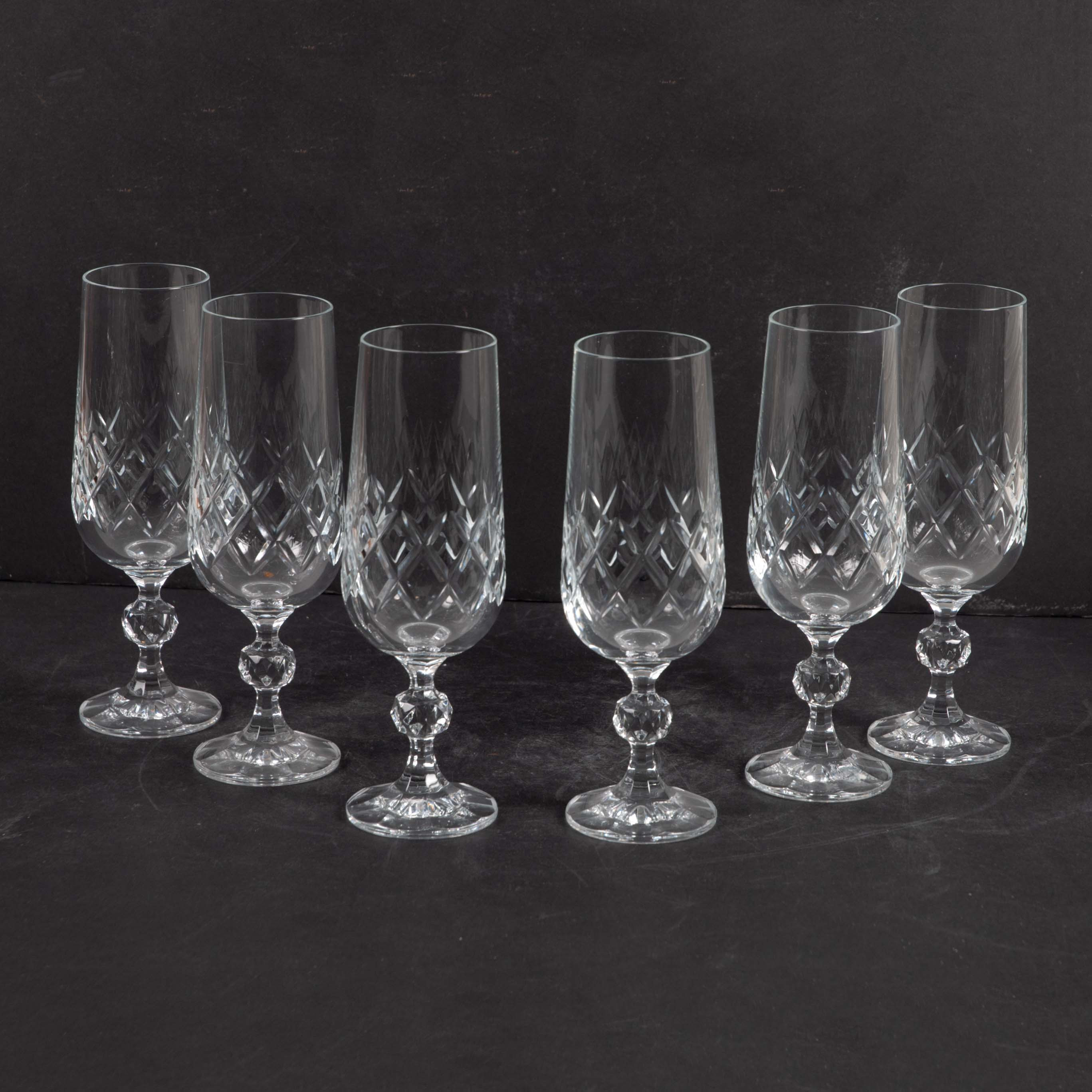 CHAMPAGNEGLAS. 6 stycken, rutslipat glas, Bohemia Crystal, Tjeckoslovakien.