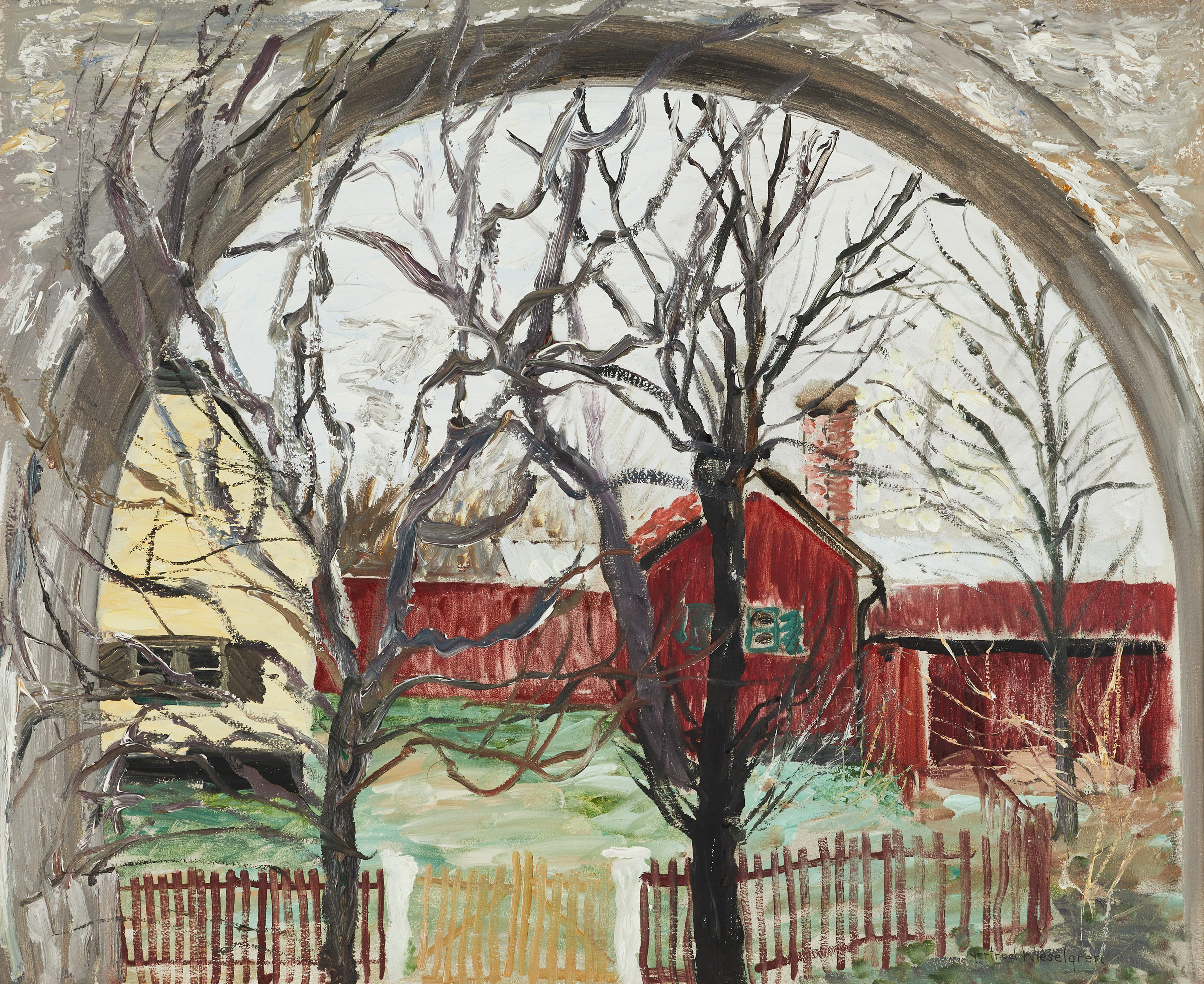 GERTRUD WIESELGREN (FÖDD 1929). "Tanto brofästet Årstabron", Stockholm, signerad, daterad a tergo -89, olja på pannå.