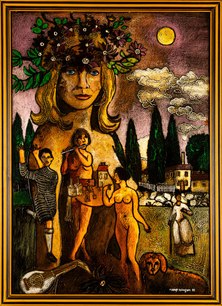 BENGT HOLMGREN. Blandteknik på pannå, signerad, daterad 1981.