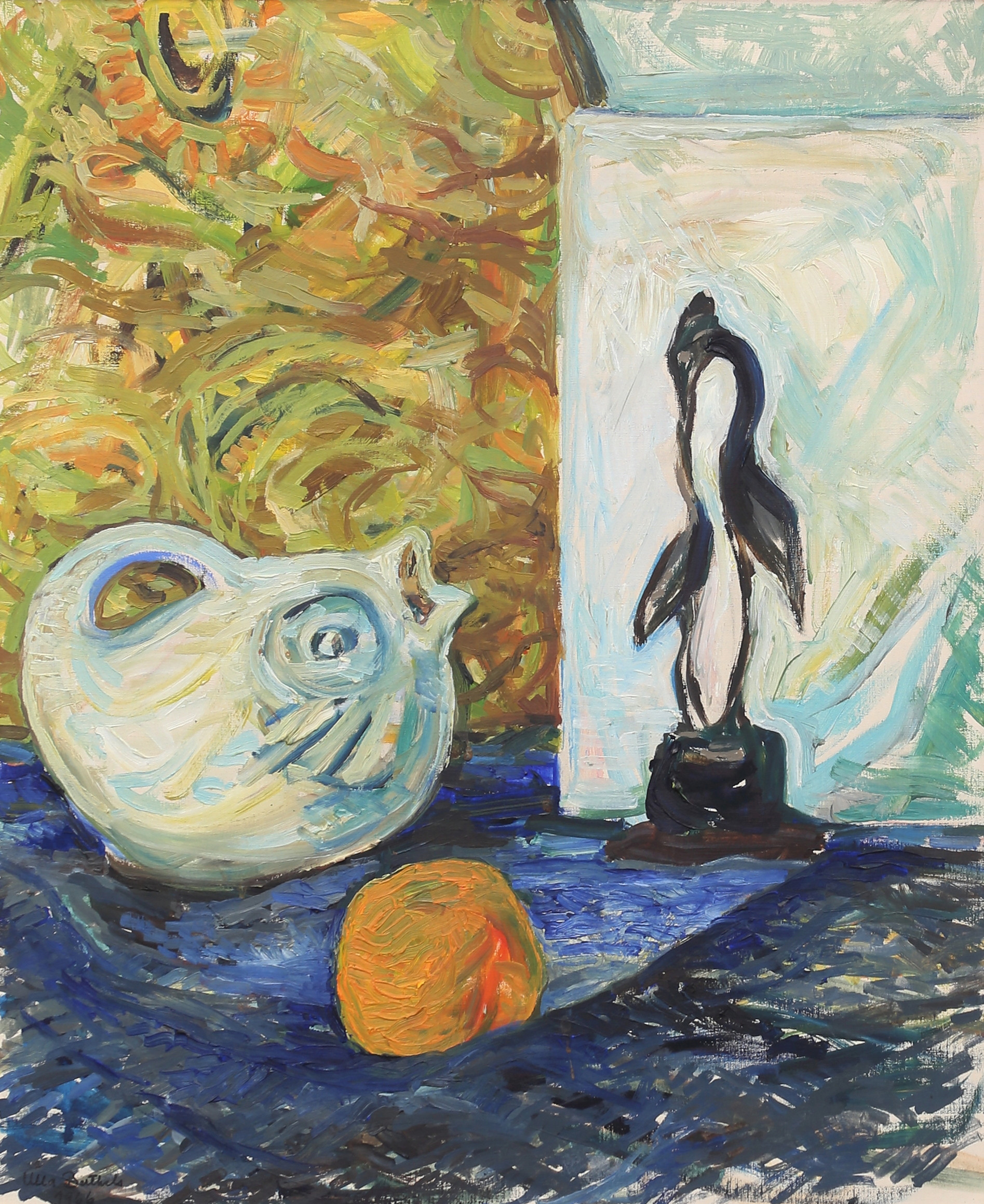 ULLA BERTHELS. Stilleben med frukt och kanna. Olja på duk, signerad och daterad 1966.