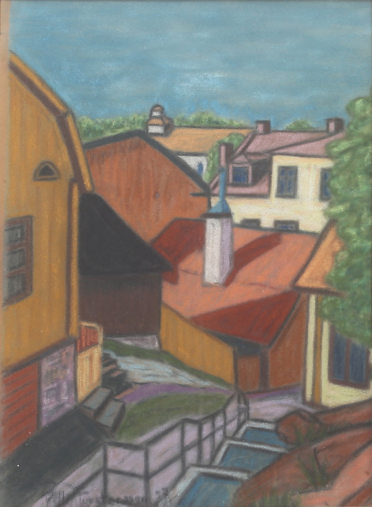 OIDENTIFIERAD KONSTNÄR. Klysgränd, Oskarshamn. Pastell, signerad Pelle Torstensson, daterad 57.