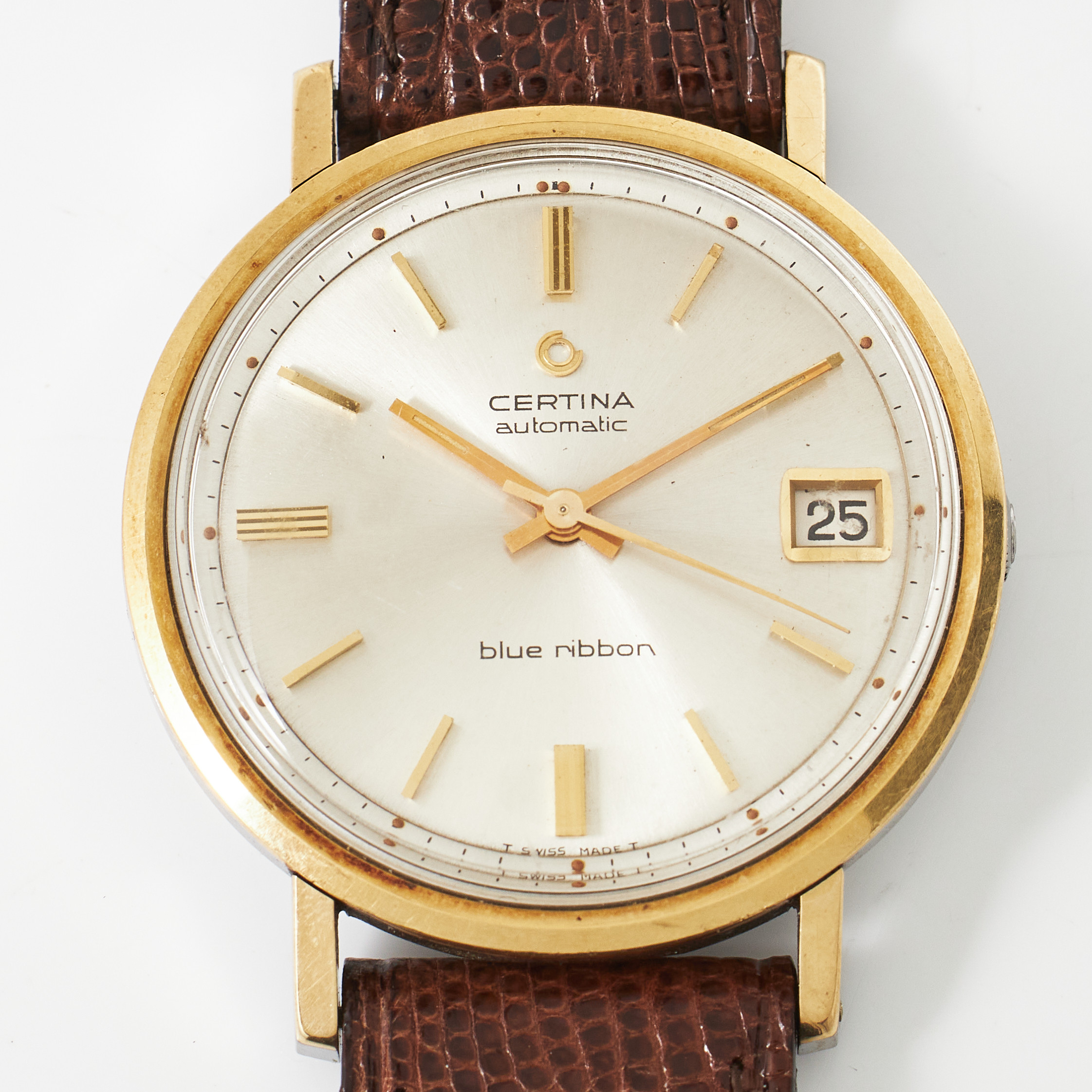 CERTINA, "Blue Ribbon", armbandsur, guld på stål, automatisk, datum, plexiglas, ca 1965, brunt krokopressat läderband.