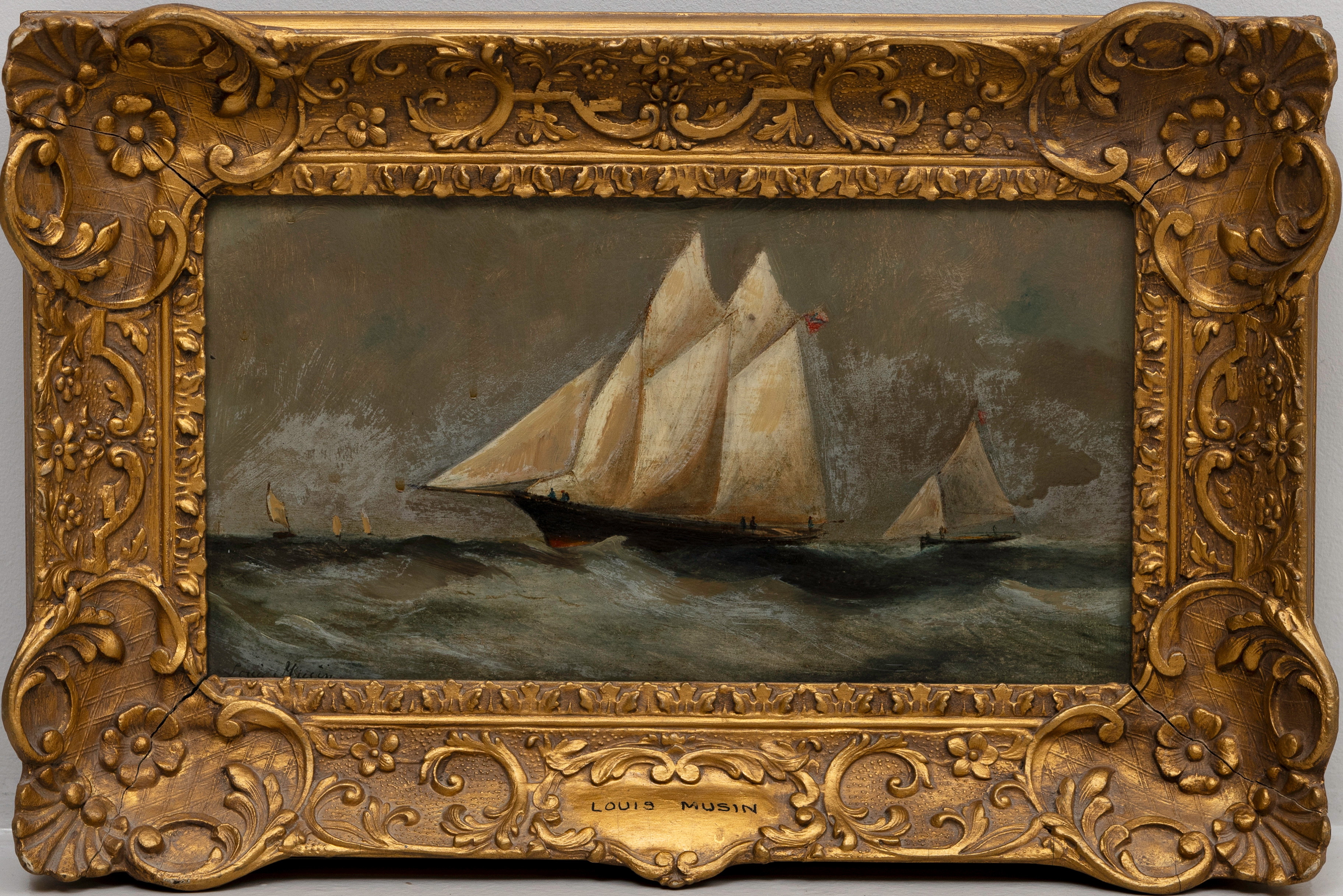 OKÄND KONSTNÄR. Segelfartyg, olja på pannå, bär signatur Louis Musin, runt sekelskiftet 1800/1900.