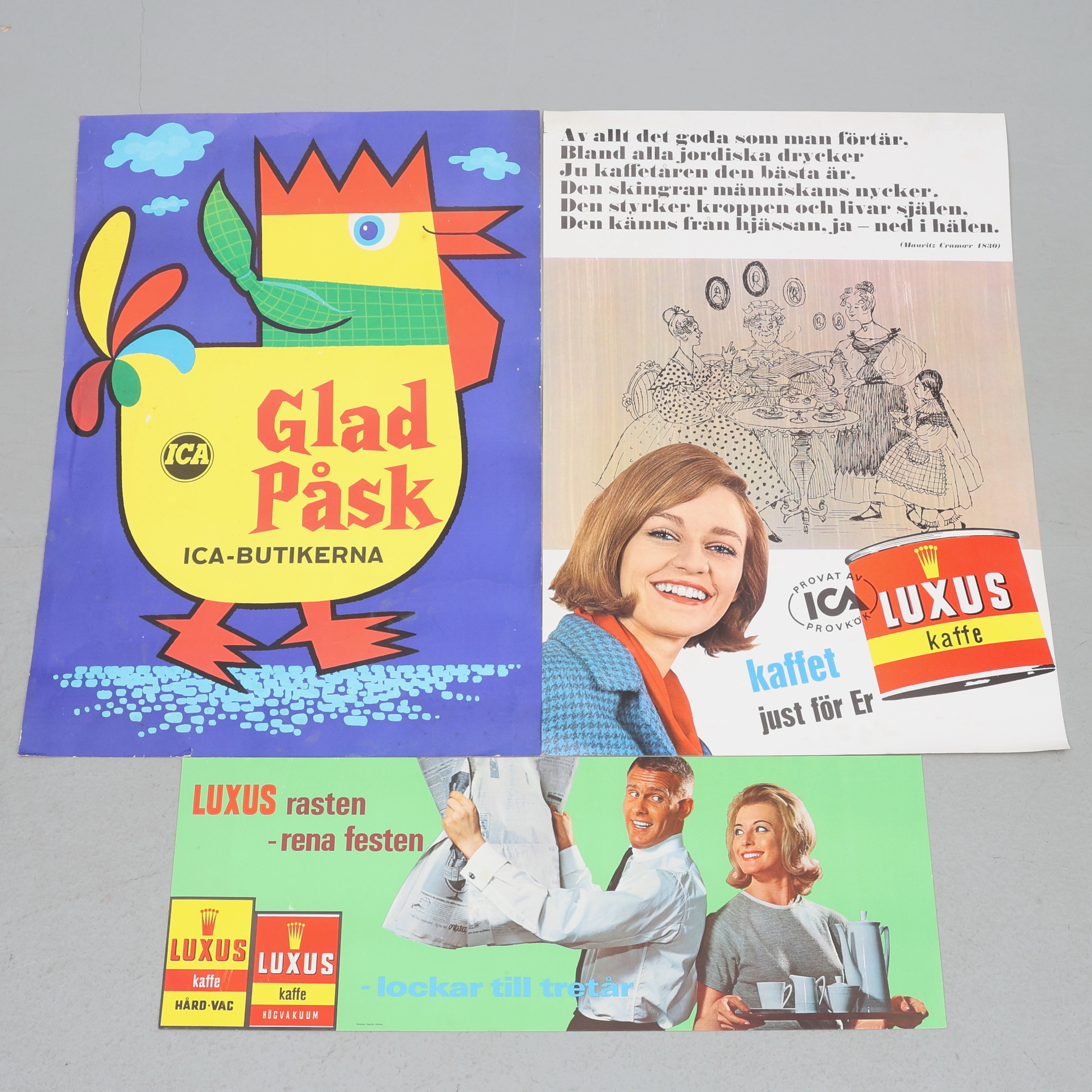 REKLAMSKYLTAR, 3 st, papp, bl.a. ICA, "Glad Påsk", 1900-tal.