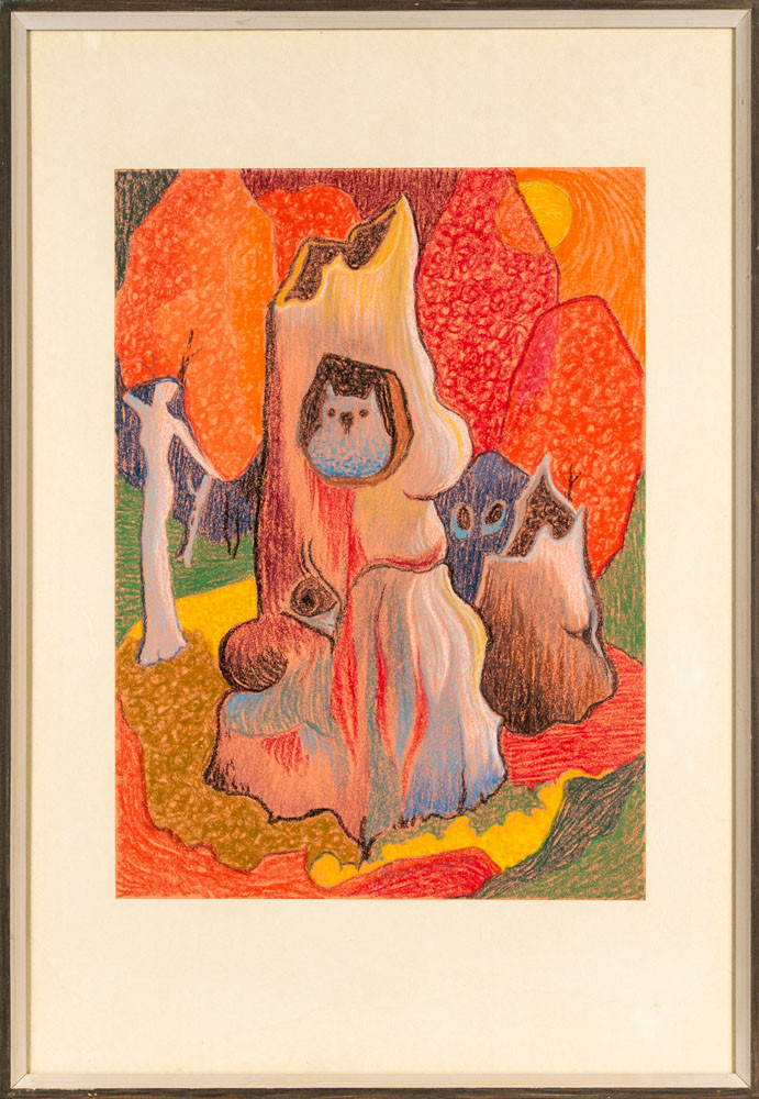 IVAR RÖNNBERG. Pastell, "Trollstubben där ugglan bor", Signerad, år 1977.