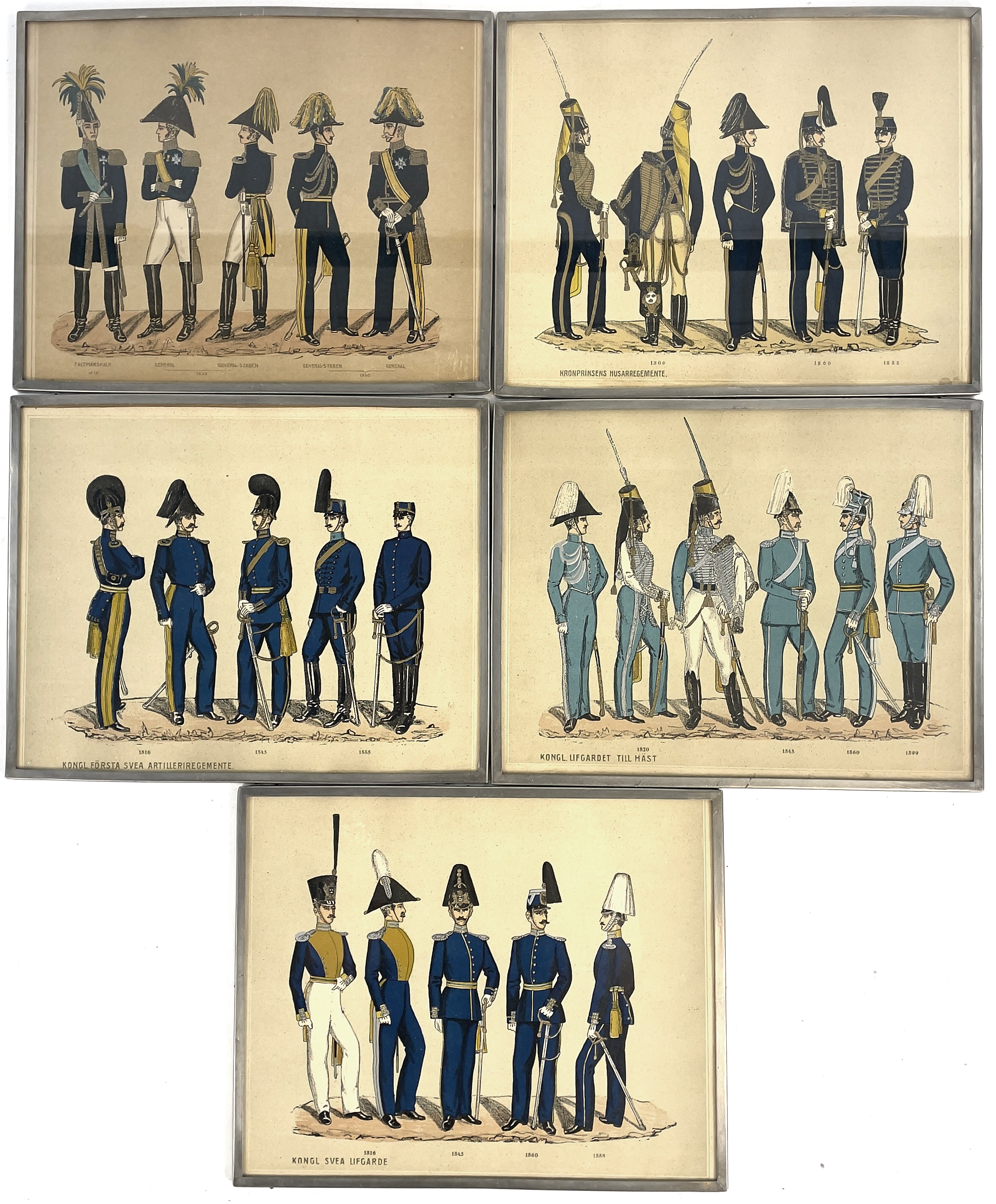 UNIFORMSPLANSCHER, 5 st. Kolorerade tryck, inramade.