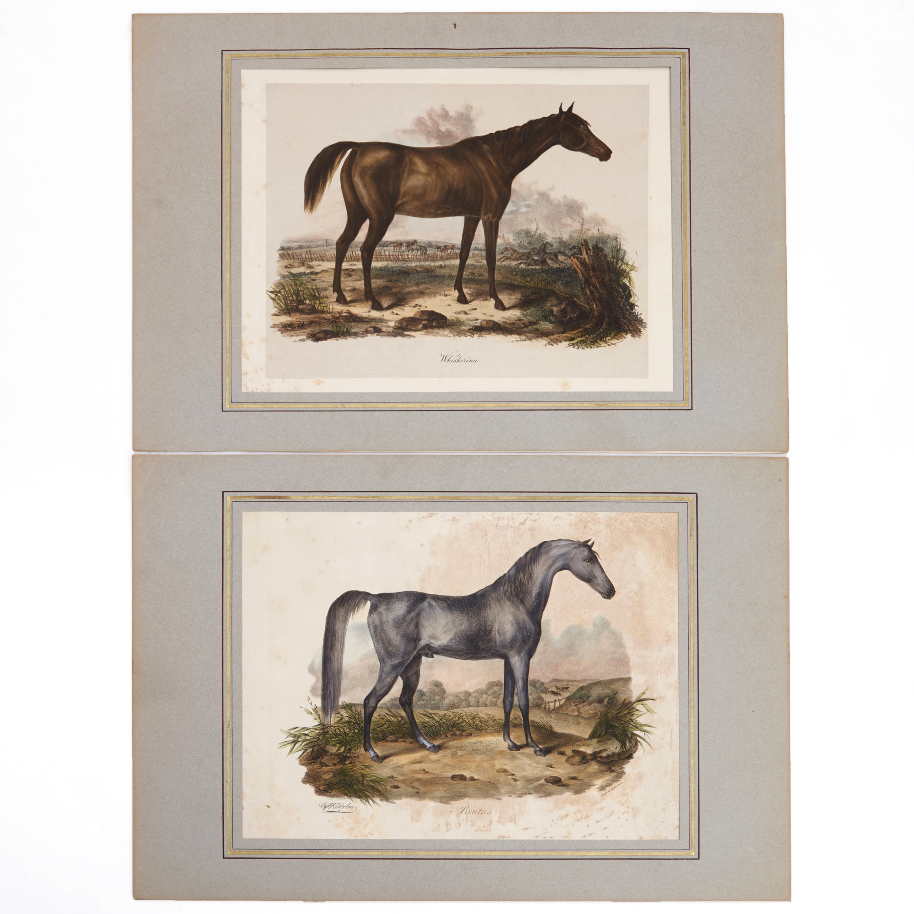CARL FREDRIK KIÖRBOE (1799-1876), efter, (3) handkolorerade litografier, motiv med hästar, 1800-tal. OSCAR LEONHARD ANDERSON (1836-1868), efter, (2) handkolorerade litografier, motiv med hästar, 1867 och 1868.