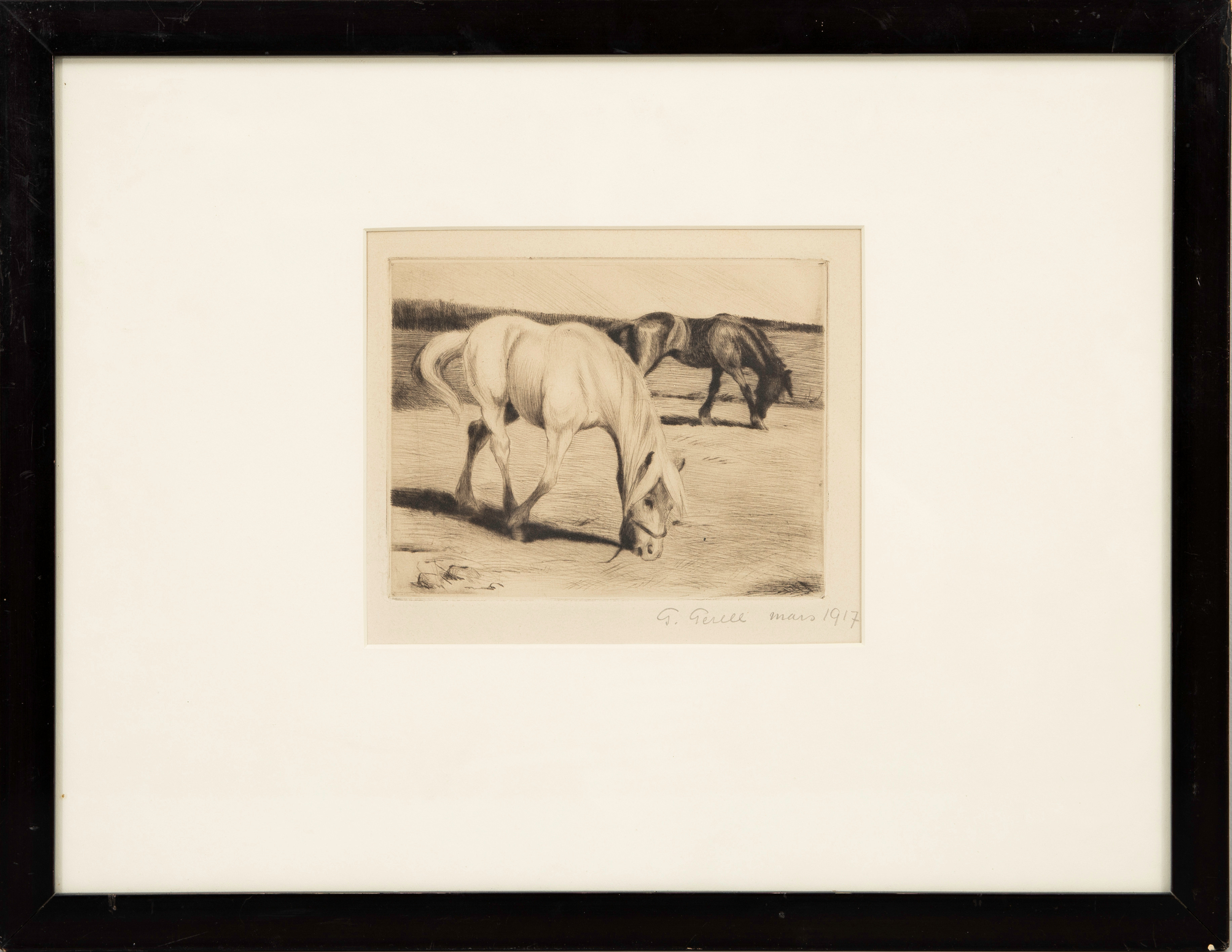 GRETA GERELL. Hästar, etsning, signerad G. Gerell och daterad mars 1917.