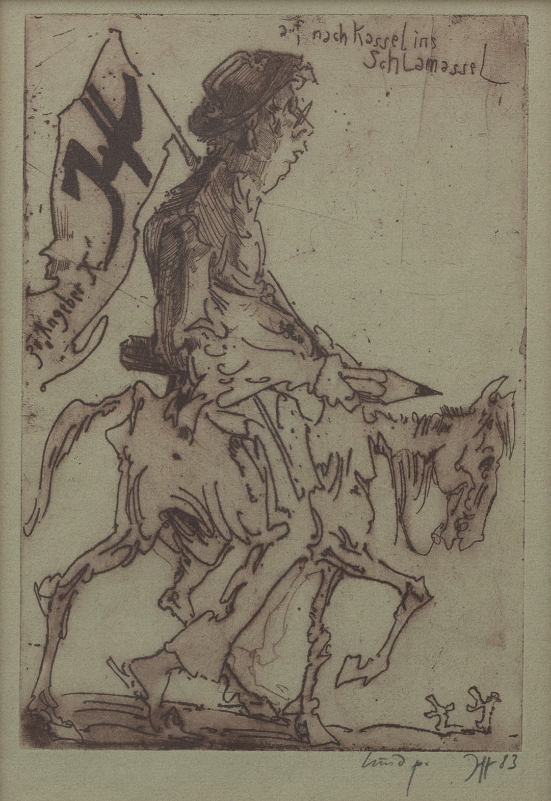 HORST JANSSEN. "auf nach Kessel ins Schlamassel", etsning, signerad och daterad 83.