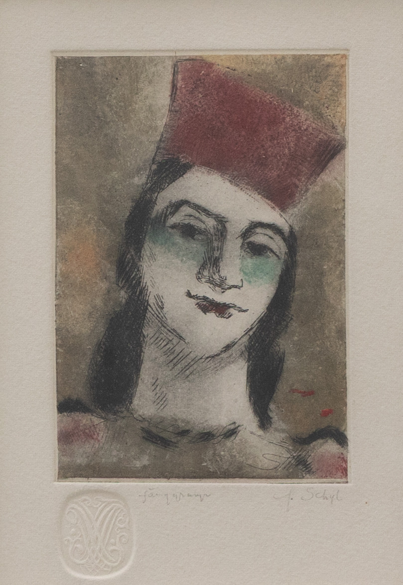 JULES SCHYL. Kvinnoporträtt, färggravyr, signerad.