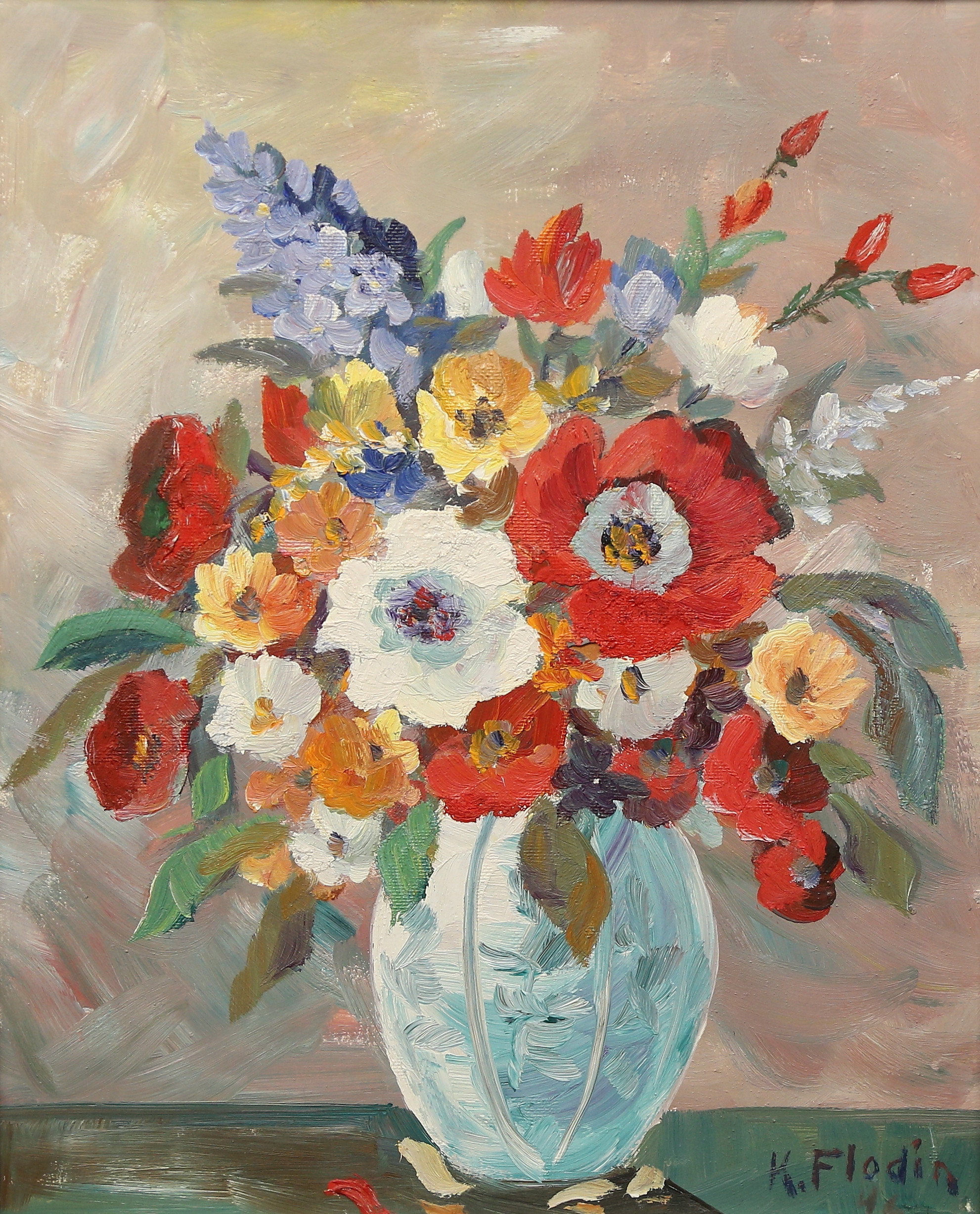 OIDENTIFIERAD KONSTNÄR. olja på pannå, stilleben, signerad K. Flodin.