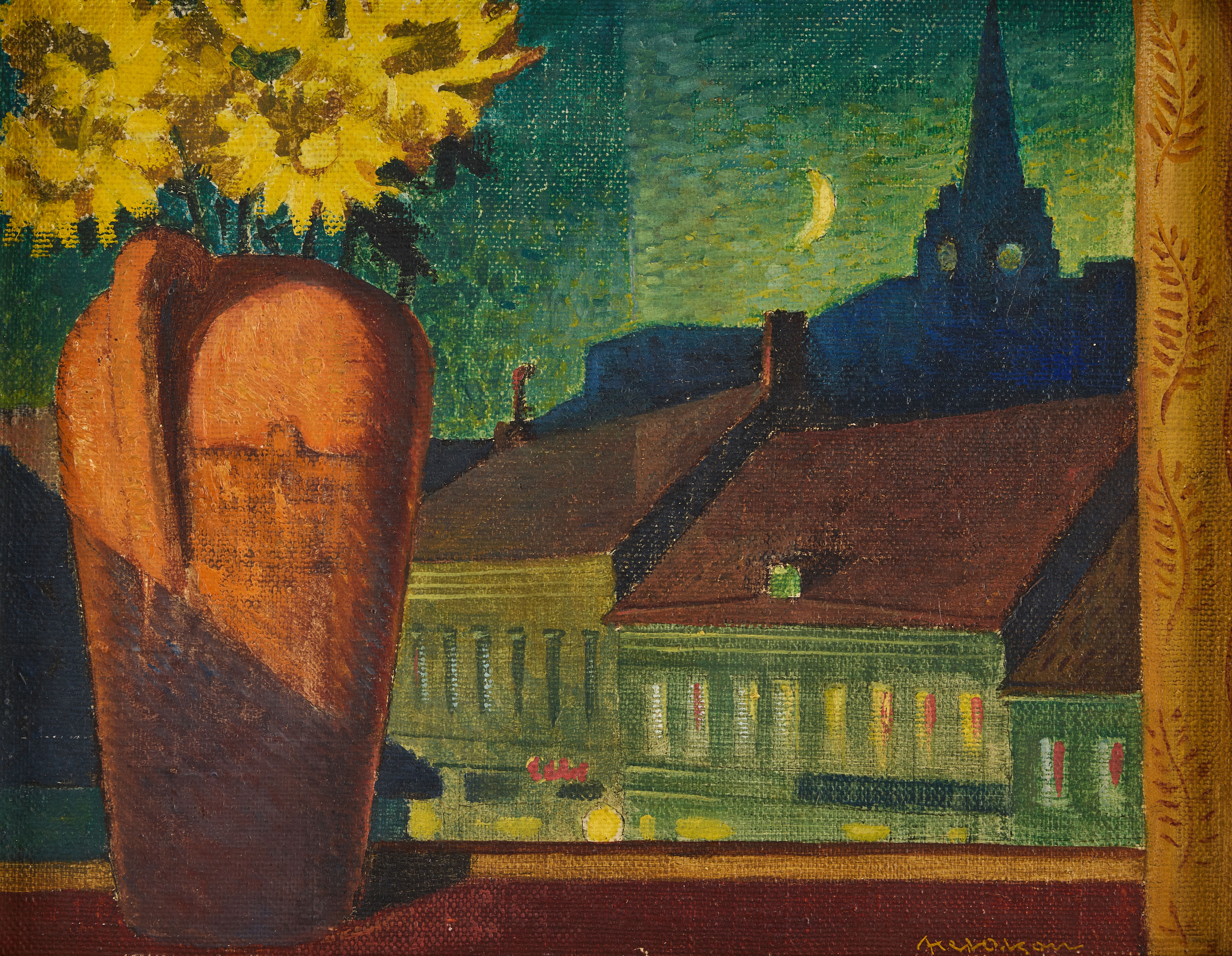 AXEL OLSON. Vy över staden i månsken från fönster.