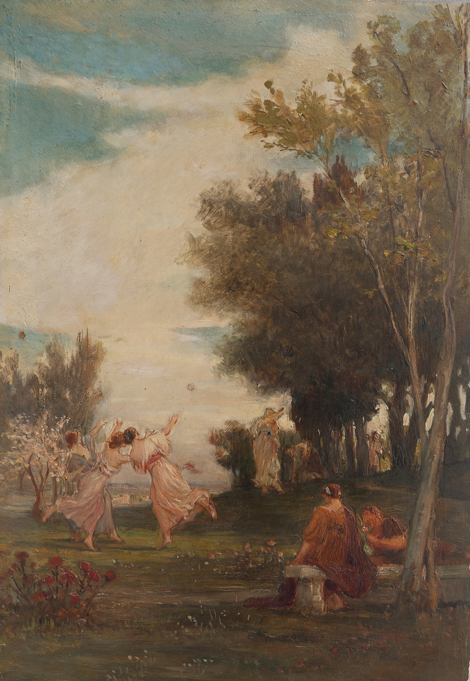 EDUARD LEBIEDZKI 1862-1915. TILLSKRIVEN. OLJA PÅ TRÄPANNÅ, LEKANDE SÄLLSKAP I PARK, OSIGNERAD O. 1900.