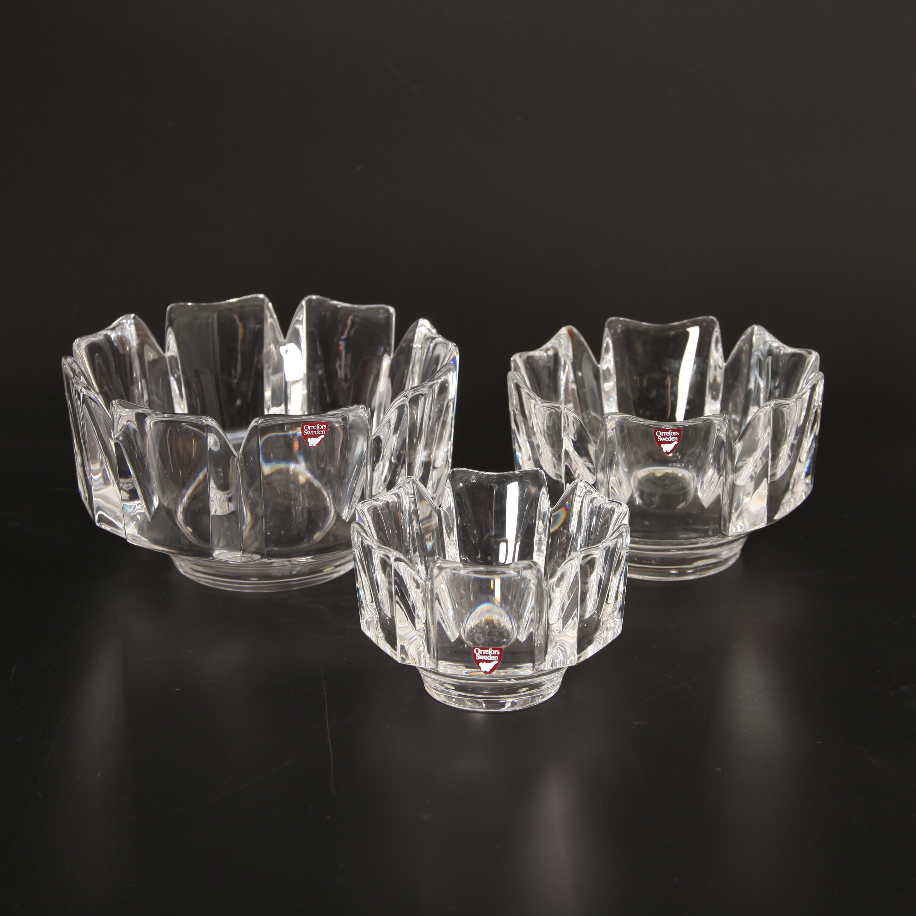 KRISTALLGLAS, skålar 3 st, Orrefors 1900-talets senare del.