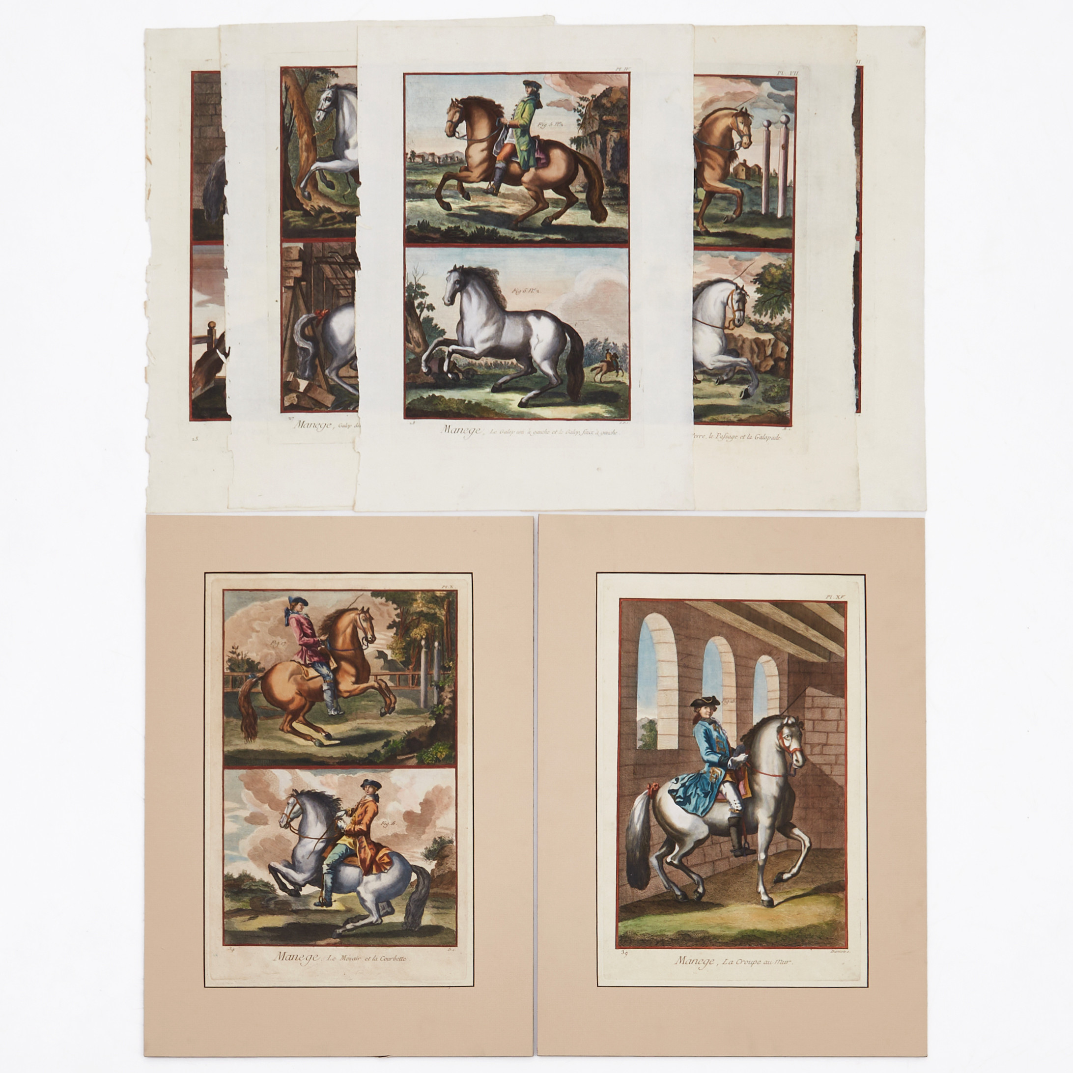 ROBERT BÉNARD (1734-1778), efter, (7) handkolorerade kopparstick, olika ridmotiv "Manége,...", sent 1700-tal.