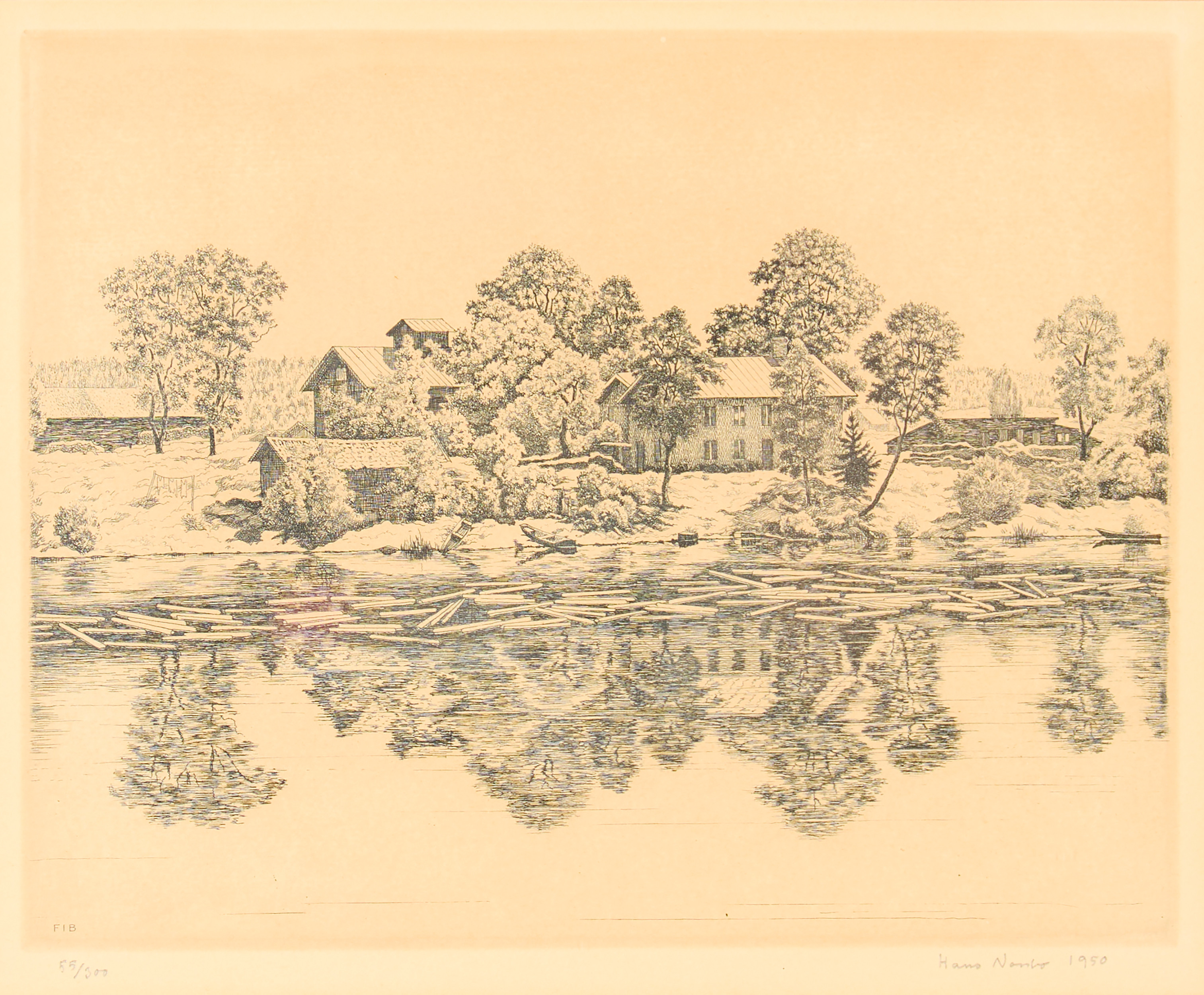 HANS JOHANSON NORSBO. Älvlandskap med gård.