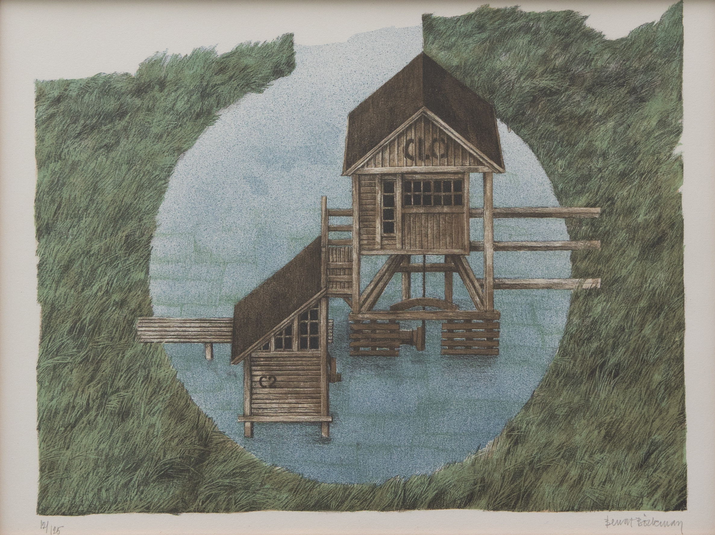 BENGT BÖCKMAN. Huset på pålar i sjön, litografi nr 12/125, signerad.